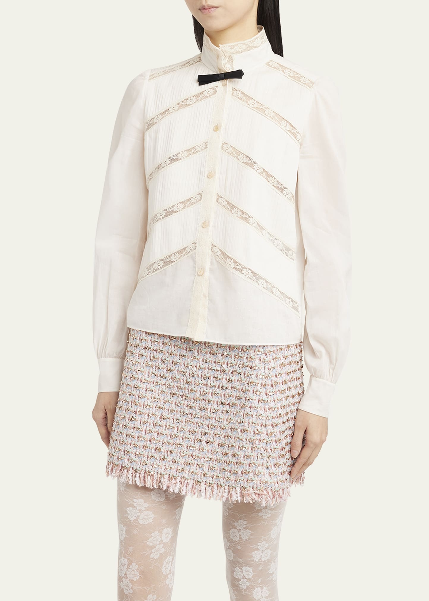Lace-Inset Pintuck Cotton Blouse - 4