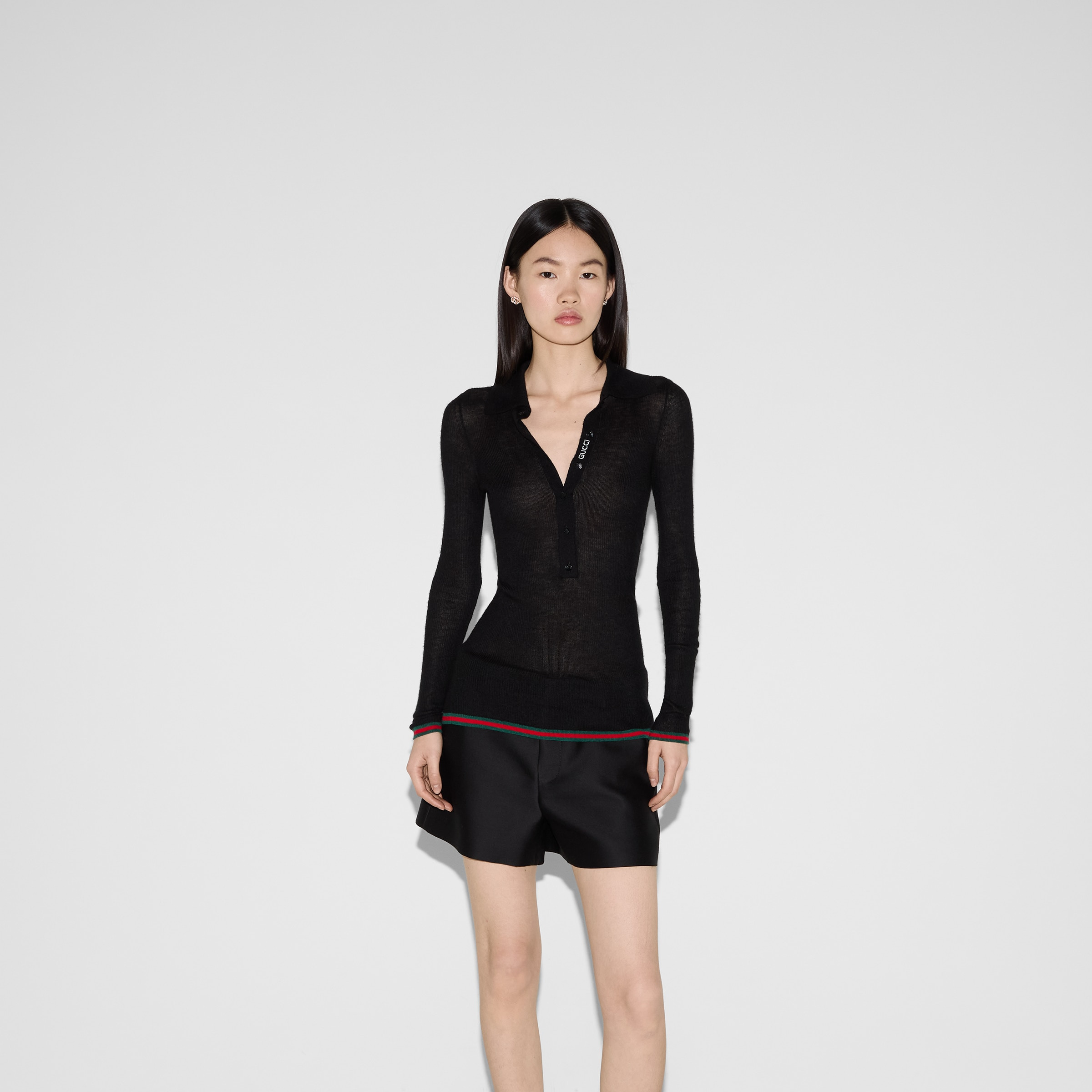 Cashmere and silk polo top with Web - 3