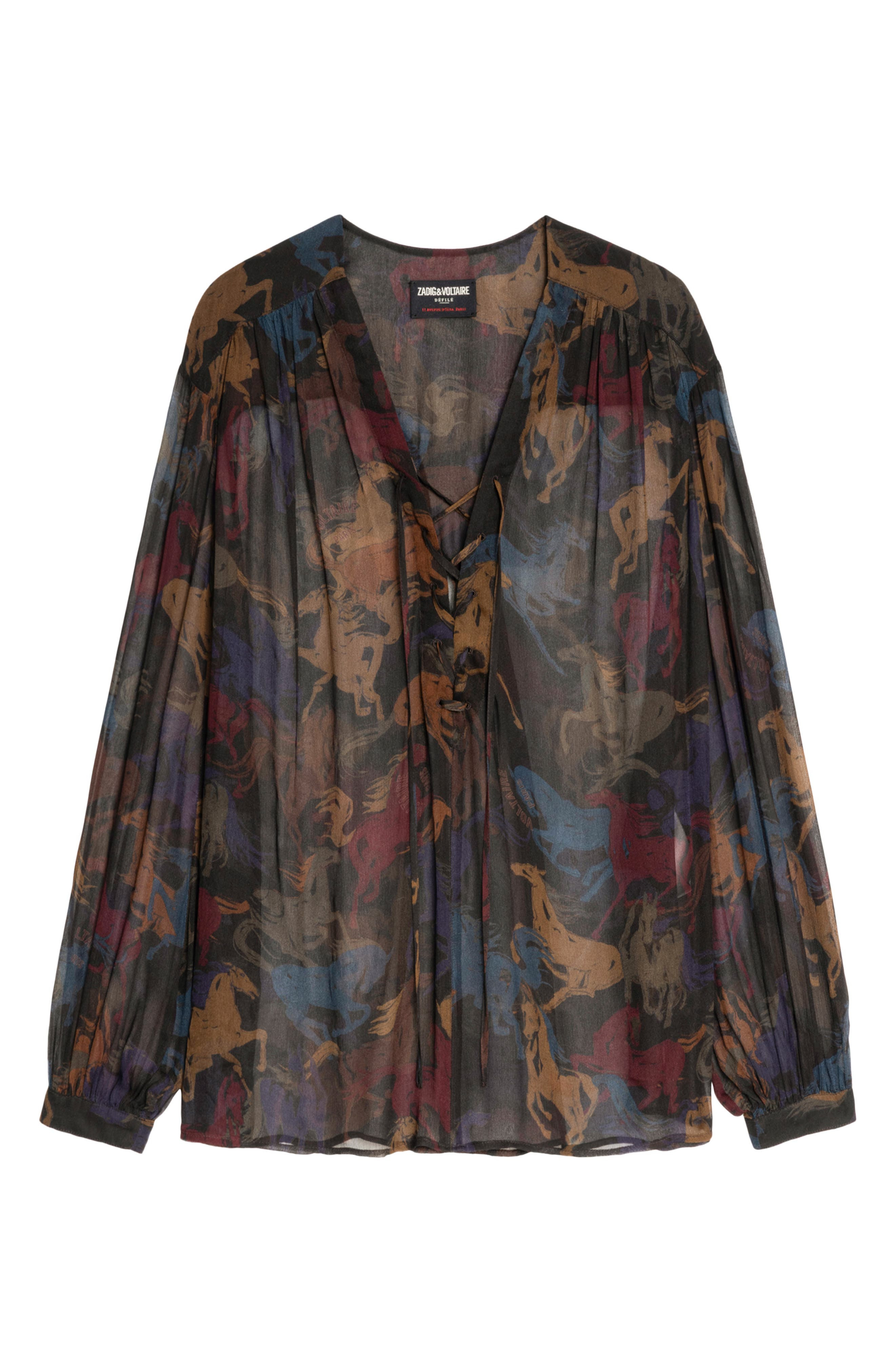 Zadig & Voltaire Tamela Horses Sheer Mousseline Top in Dark Chocolate at Nordstrom - 5