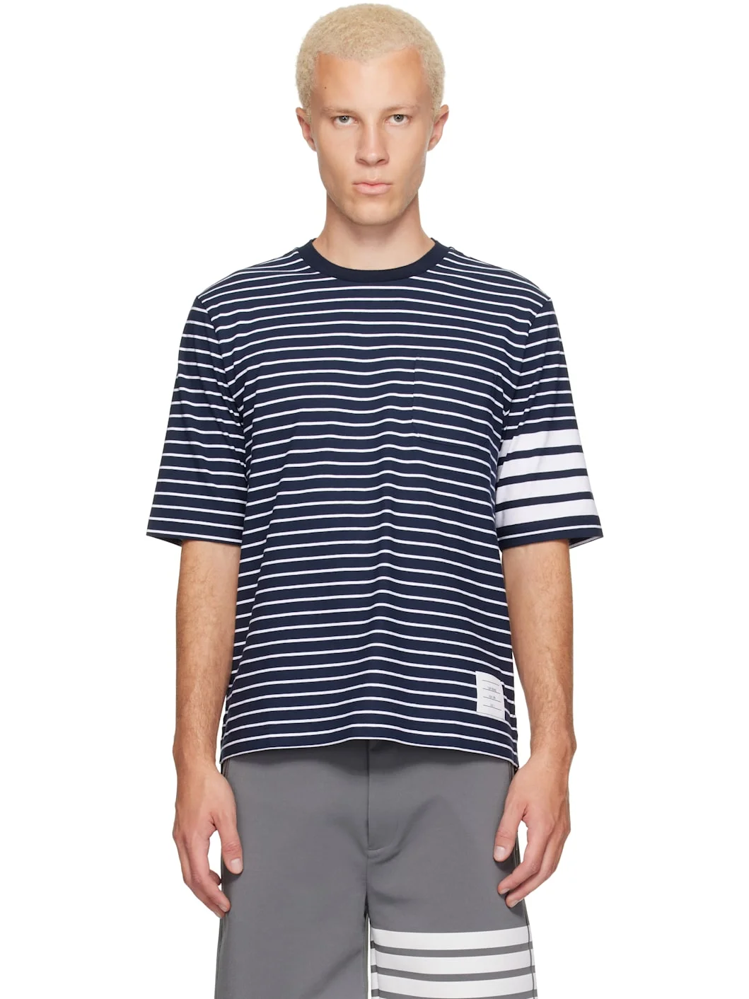 Navy & White Jersey 4-Bar Knit Pocket T-shirt - 1