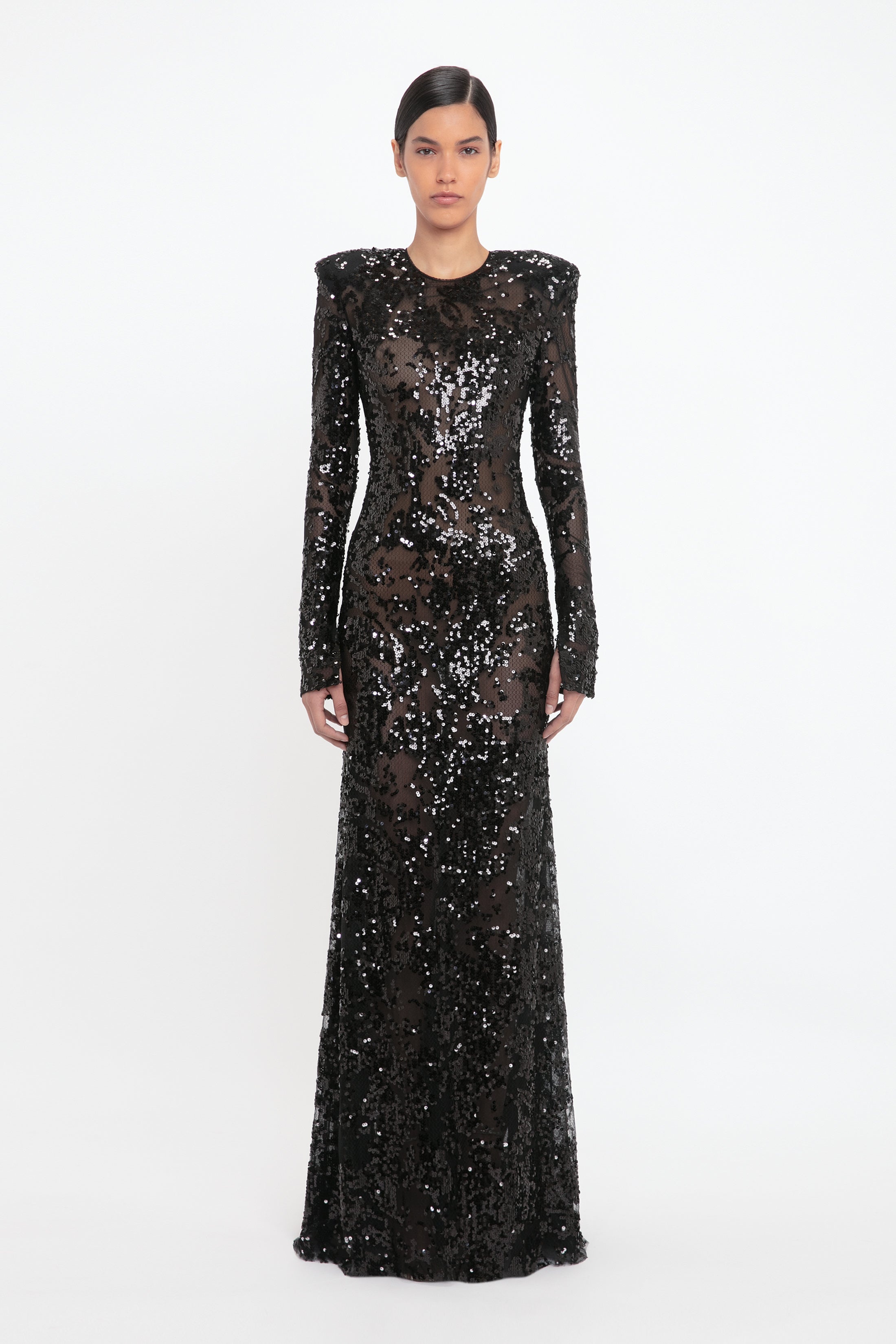 Long Sleeve Backless Sequin Gown In Black - 2