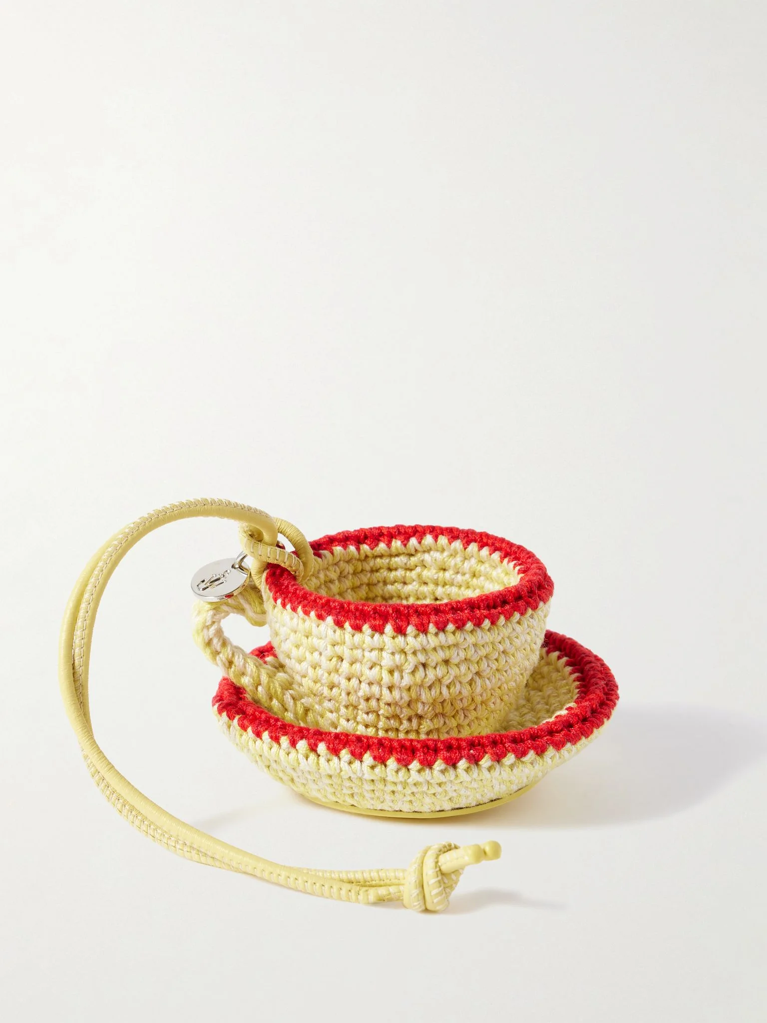 Teacup leather-trimmed crocheted bag charm Yellow - 1