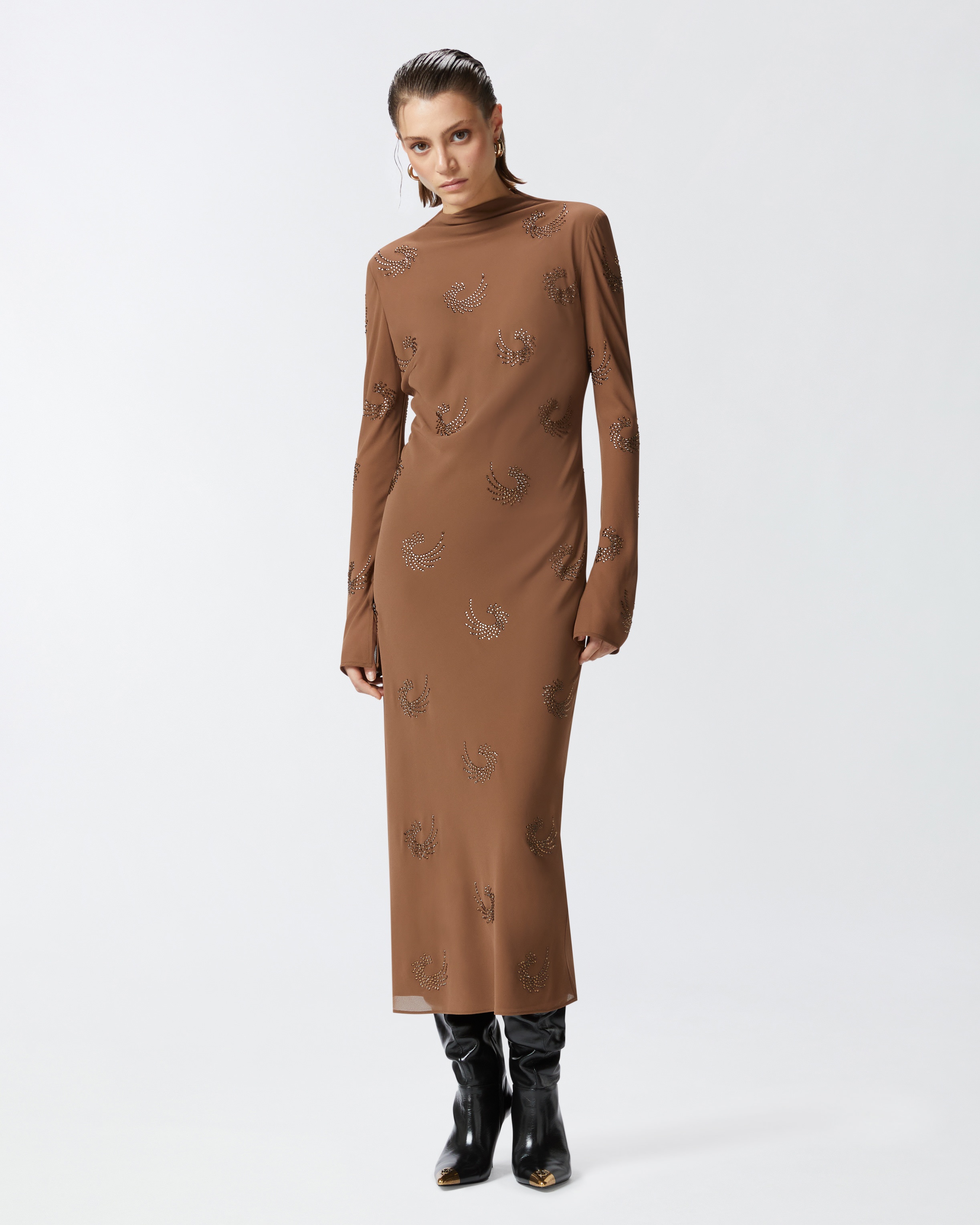 LONG HIGH-NECK DRESS WITH RHINESTONE SWIRLS - 2