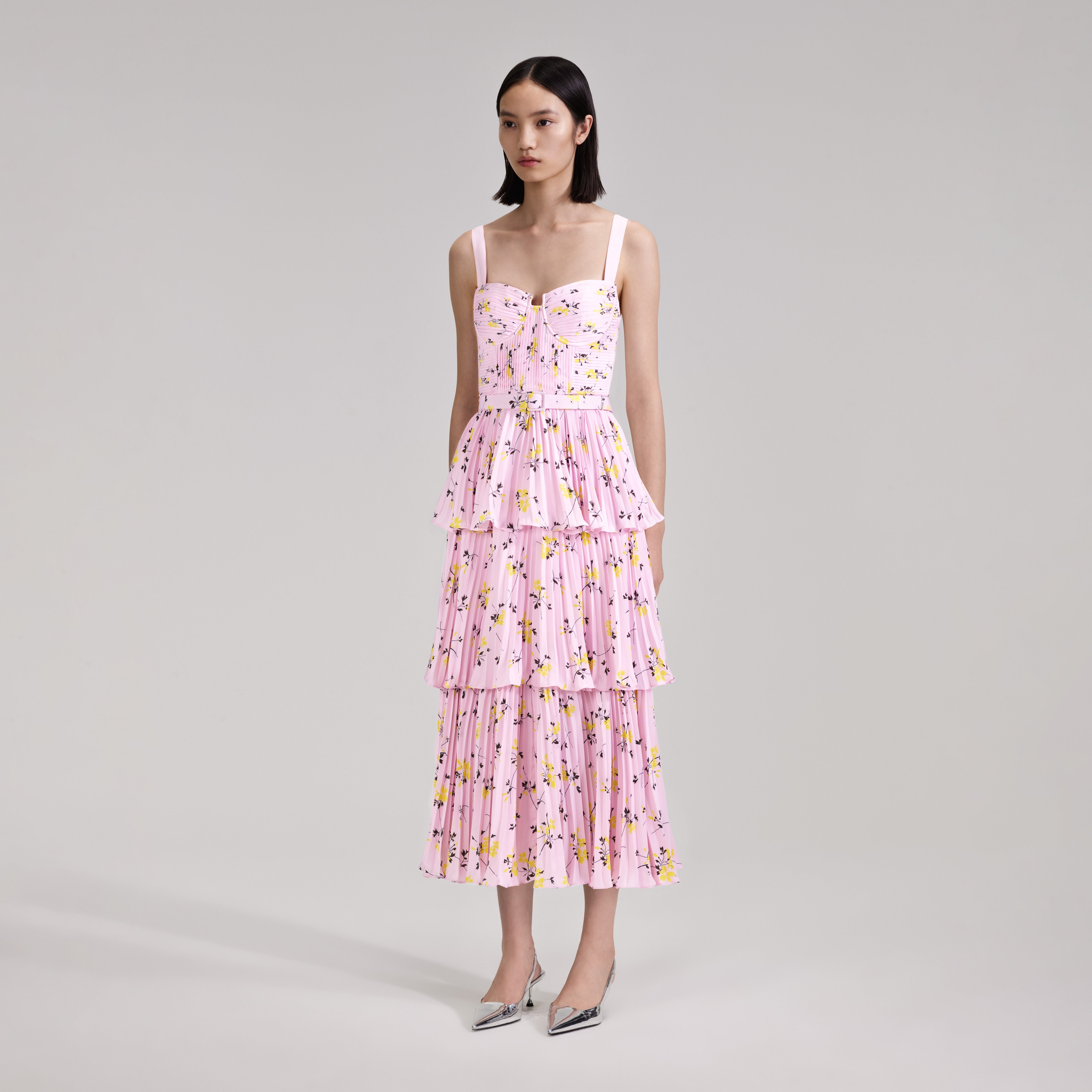 Pink Floral Print Tiered Midi Dress - 2