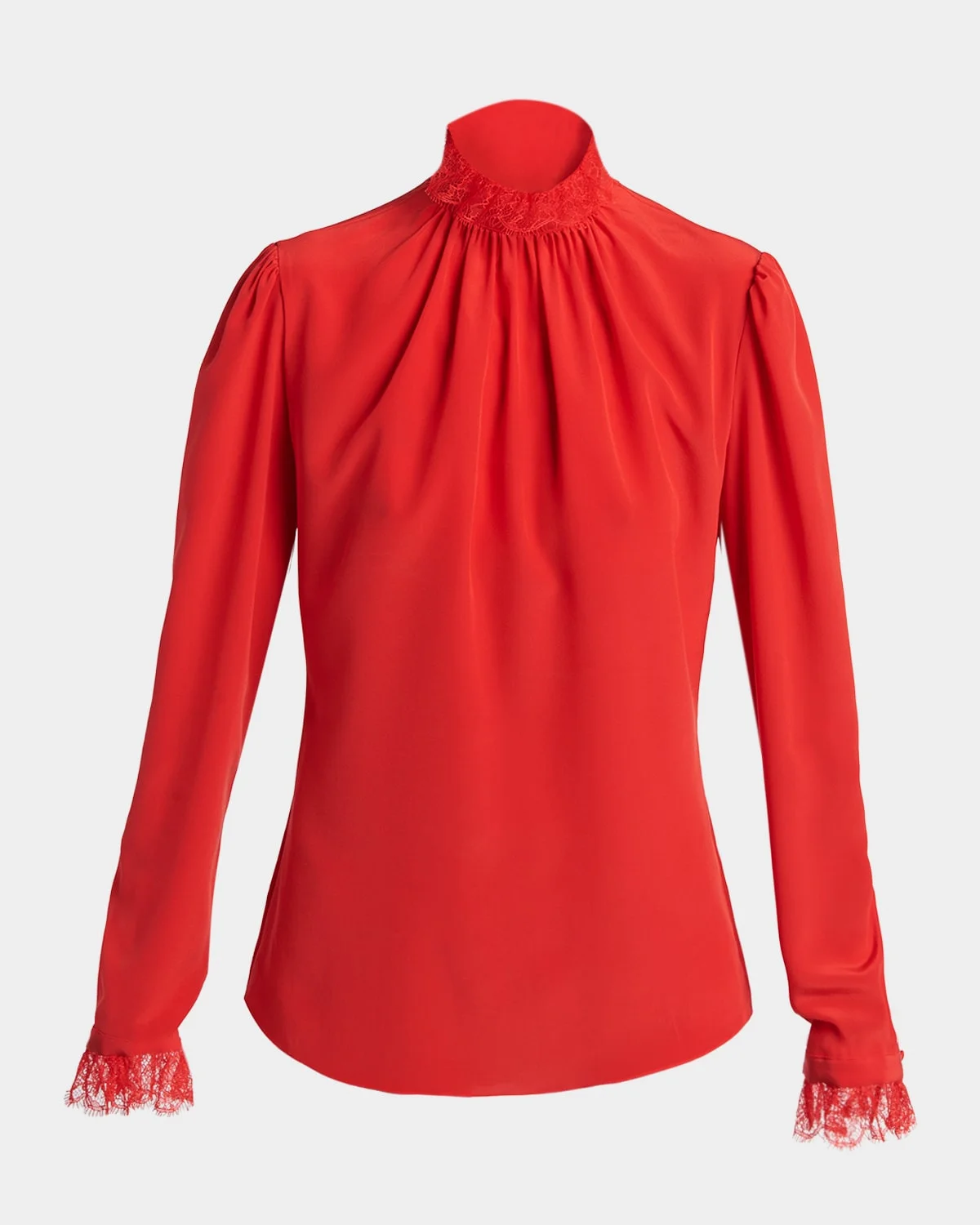 Lace Ruffle-Neck Long-Sleeve Silk Top - 1