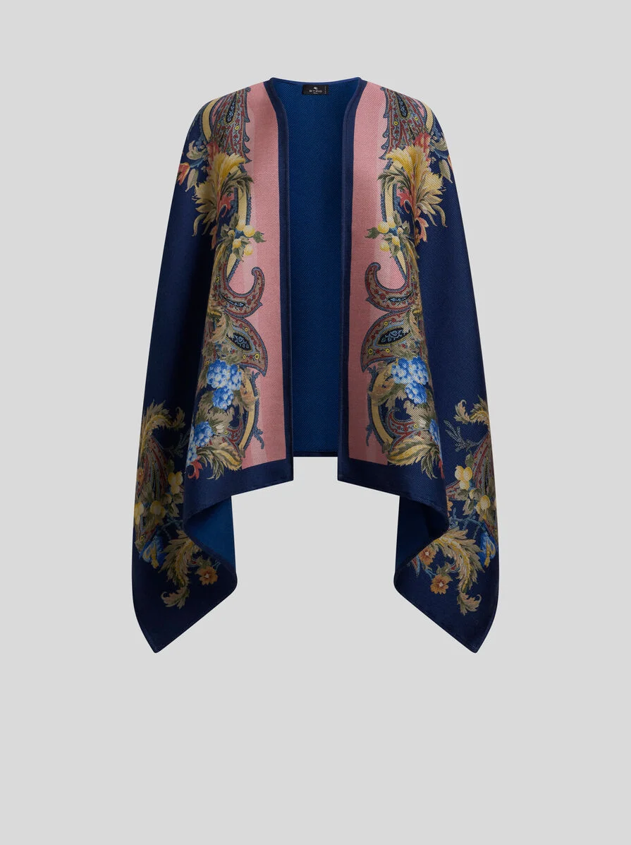 WOOL CAPE WITH PLACED FLORAL PAISLEY PRINT - 1