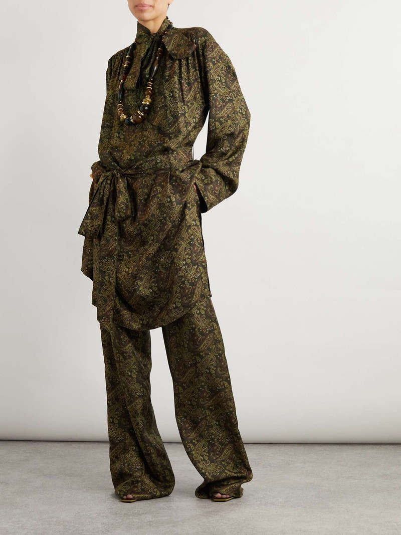 SAINT LAURENT Pussy-bow belted paisley-print silk-twill mini dress Dark green outlook