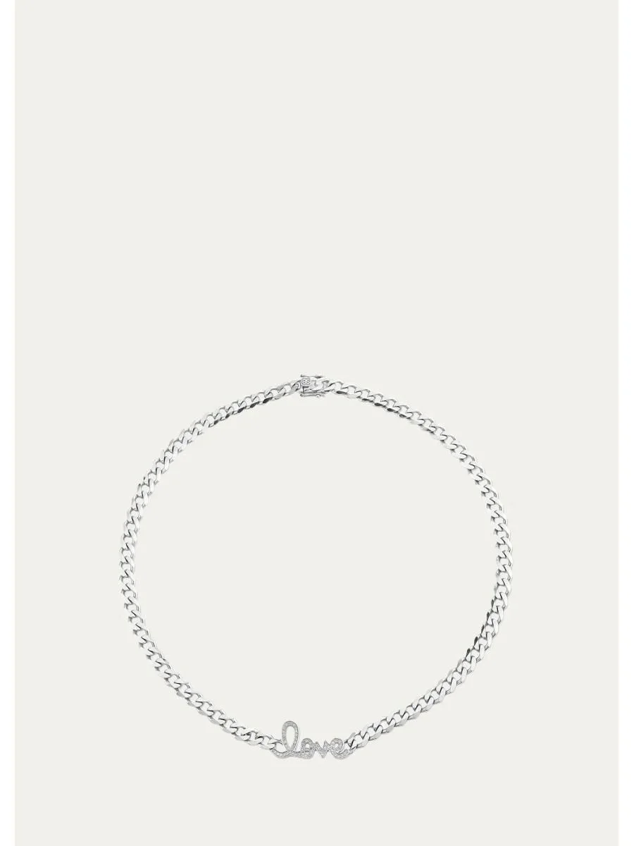 14K White Gold Diamond Love Script Curb-Link Necklace - 1