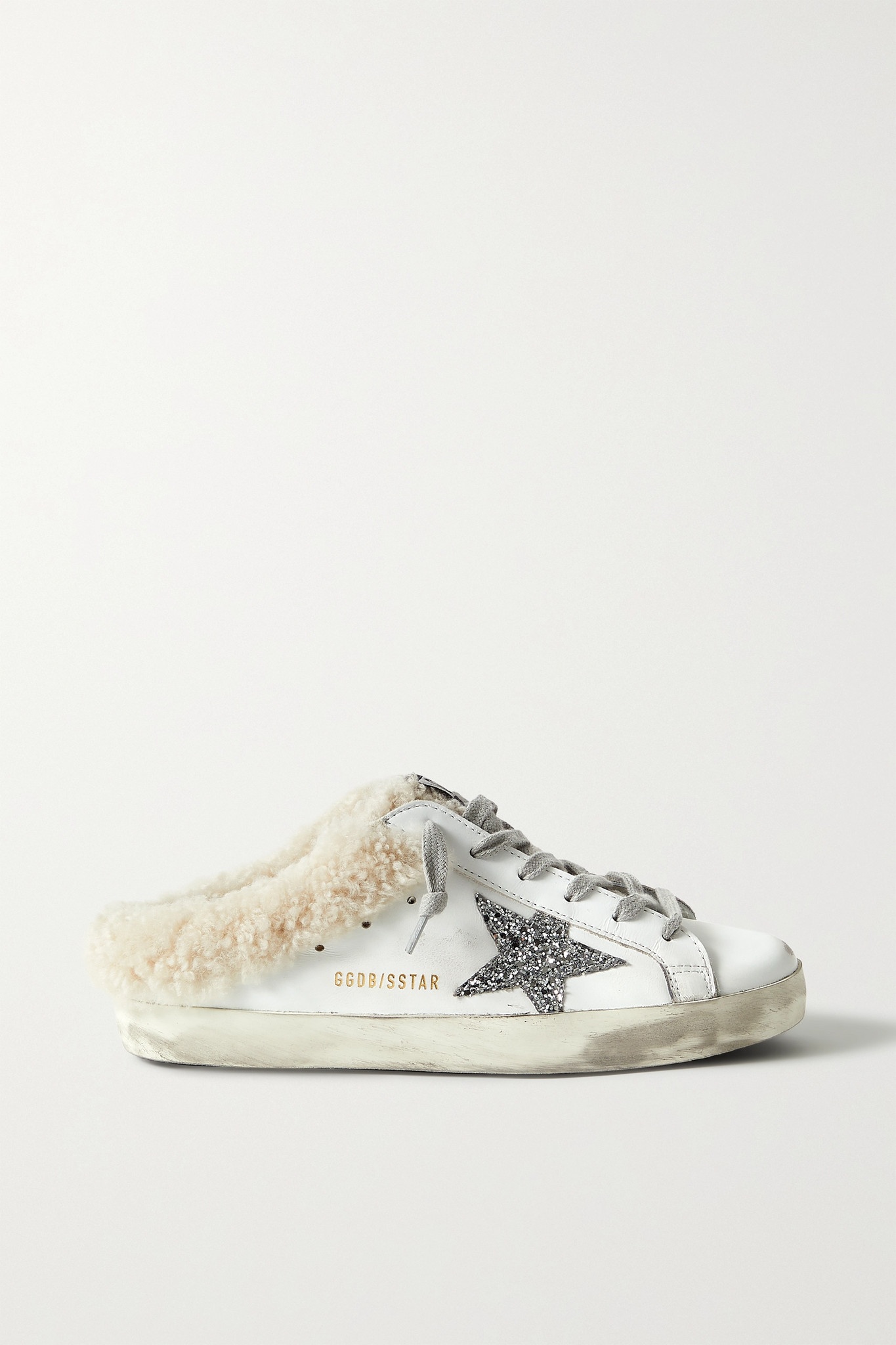 Superstar Sabot shearling-lined distressed glittered leather slip-on sneakers - 1