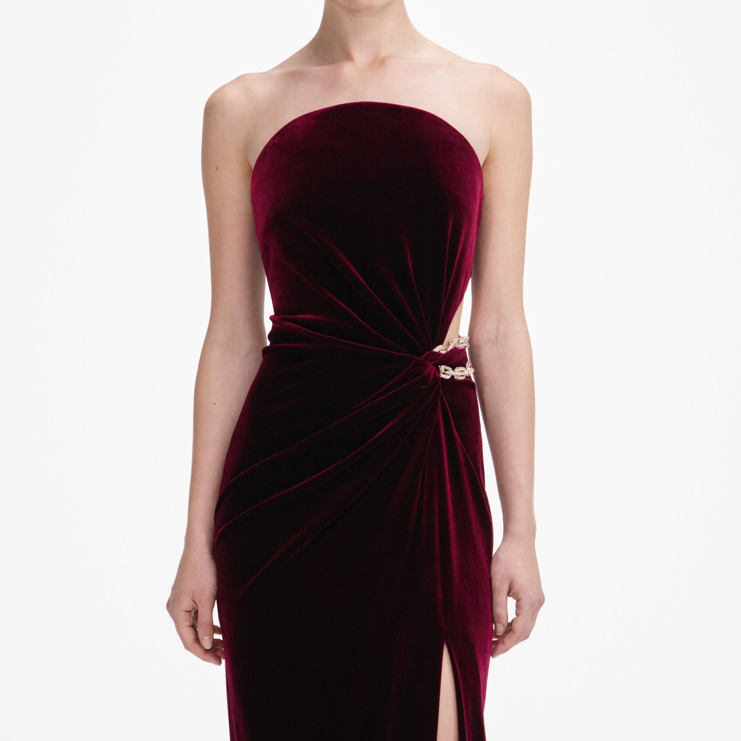 Burgundy Velvet Bandeau Maxi Dress - 4