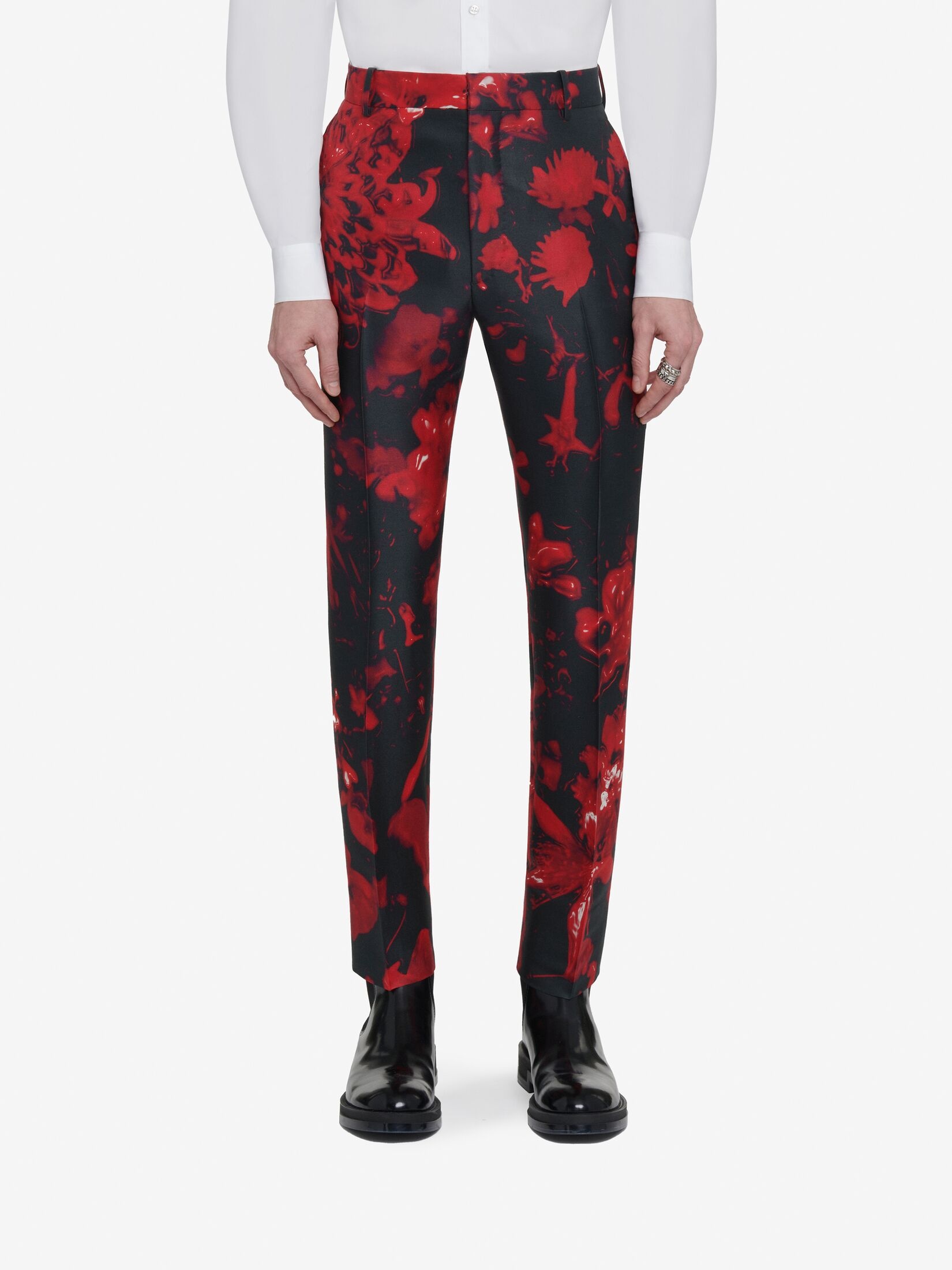 Men's Wax Flower Cigarette Trousers in Black/red - 4