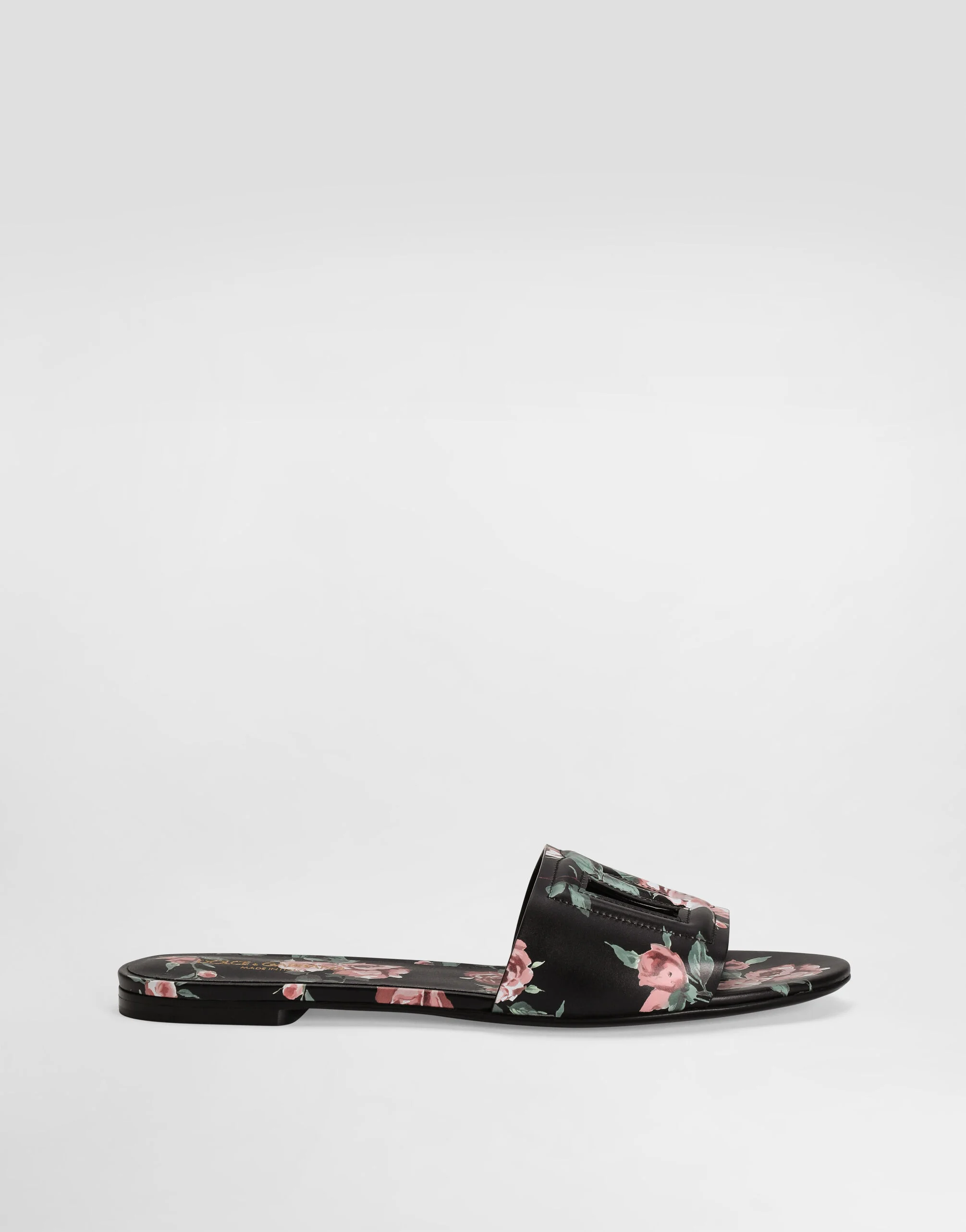 Calfskin flat slippers with rose print - 1