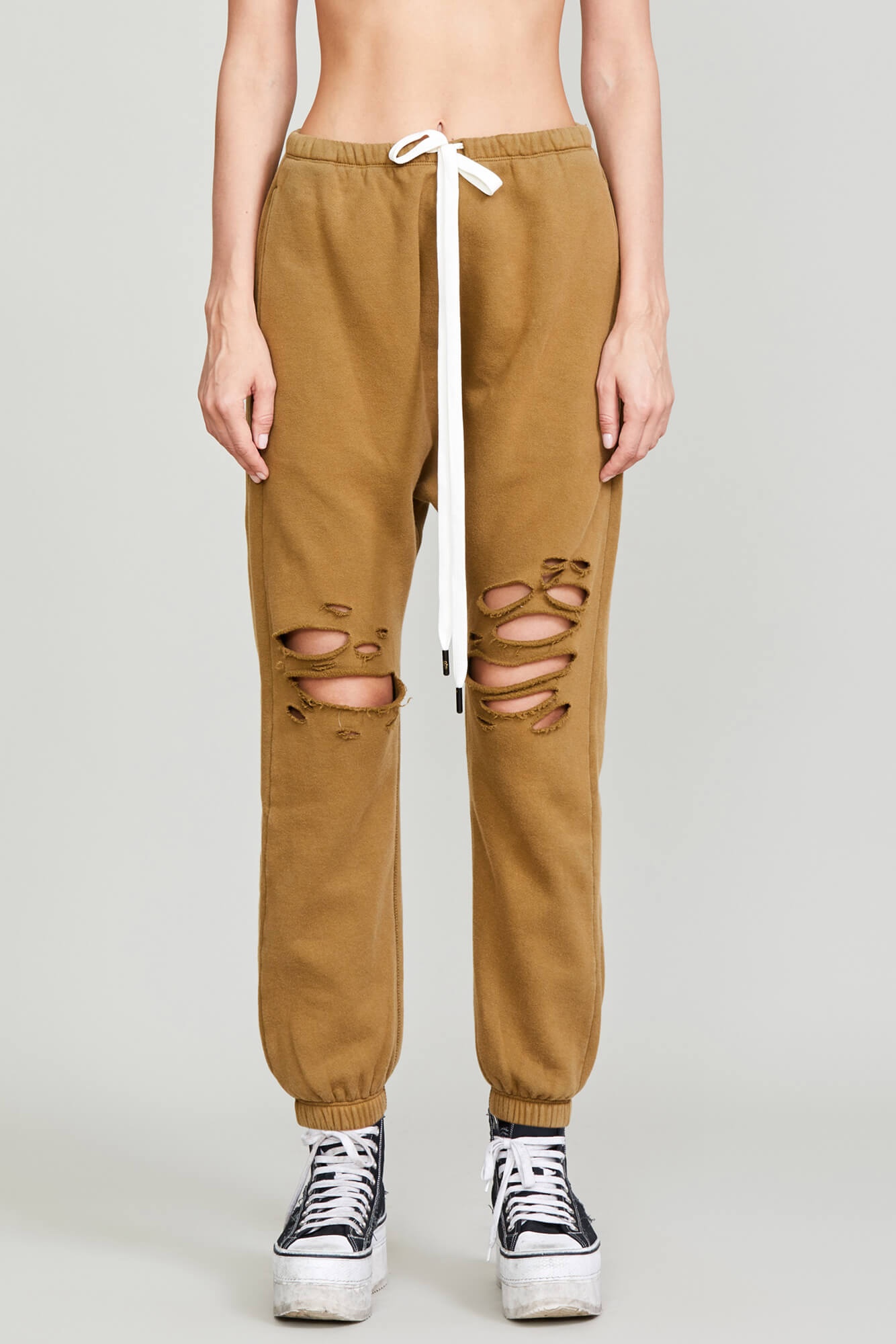 SHREDDED DROP CROTCH SWEATPANT - OLIVE - 1