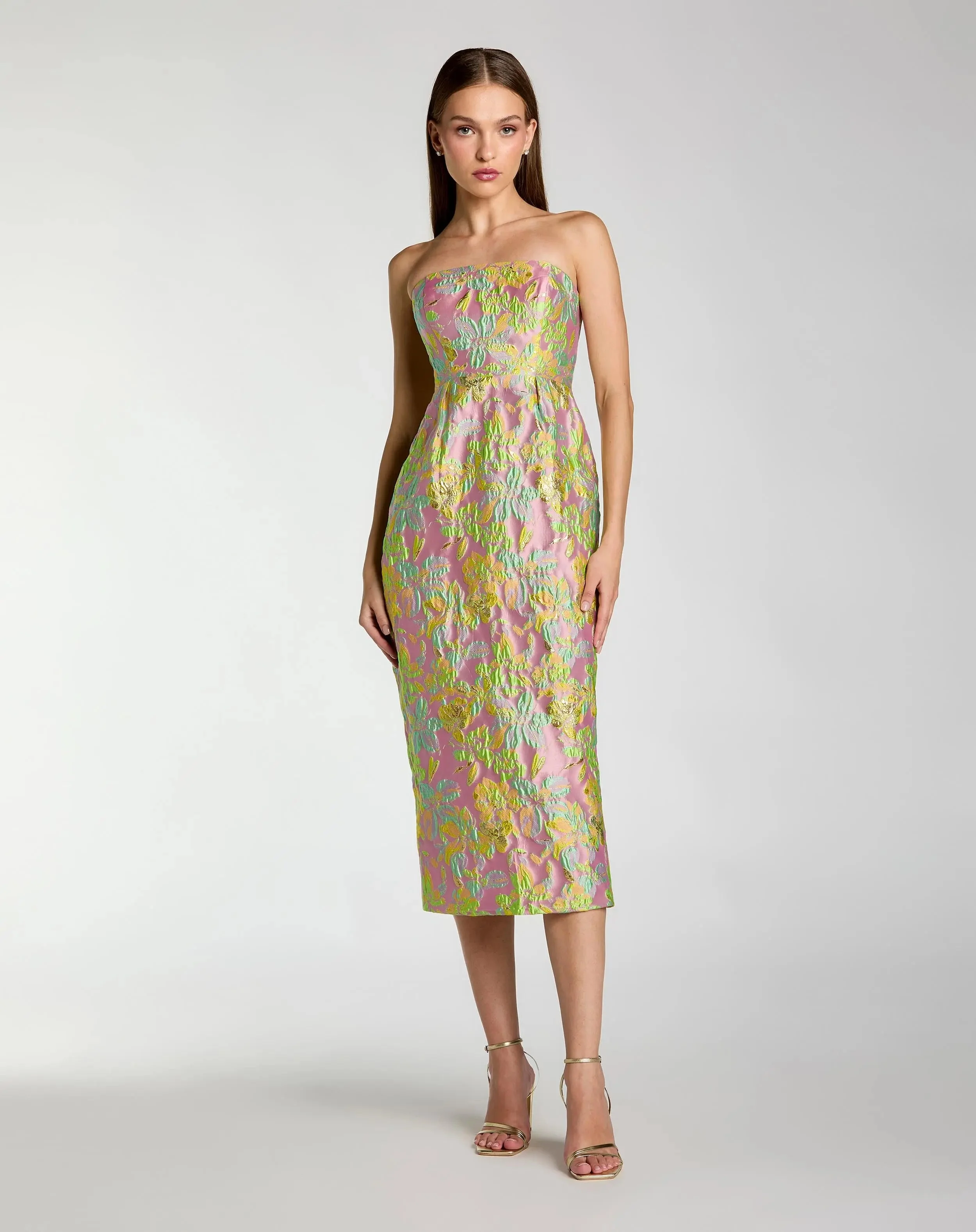 Multicolor Strapless Floral Brocade Midi Dress - 1