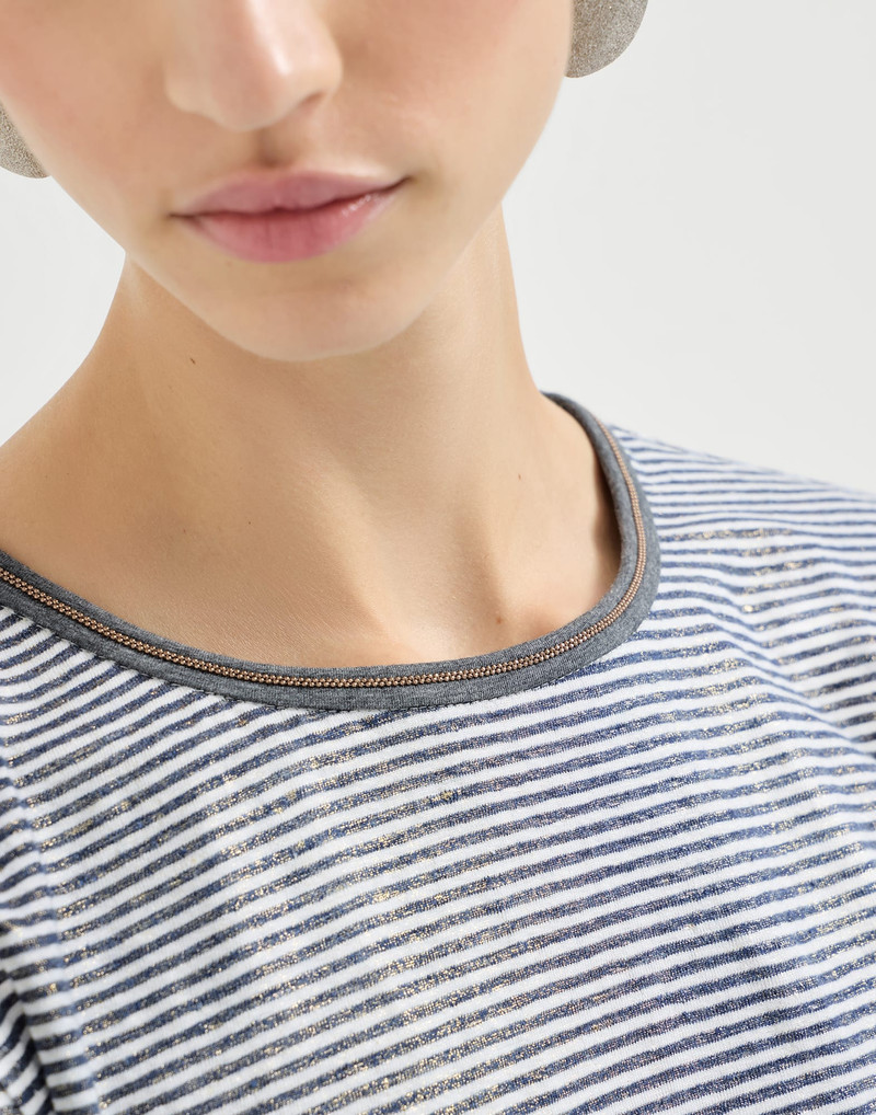 Striped linen lamé jersey top with shiny trim 4