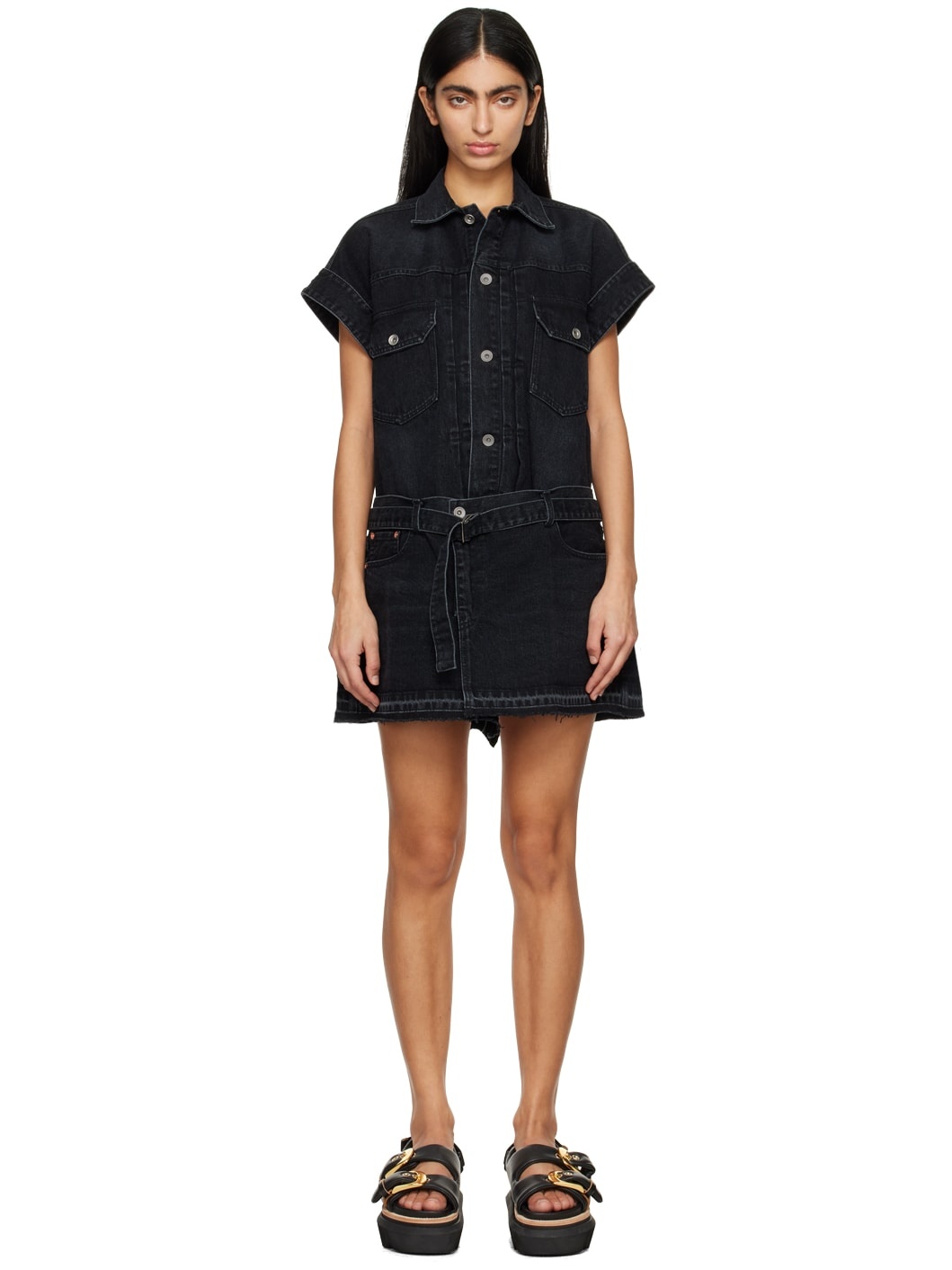 Black Belted Denim Minidress - 1