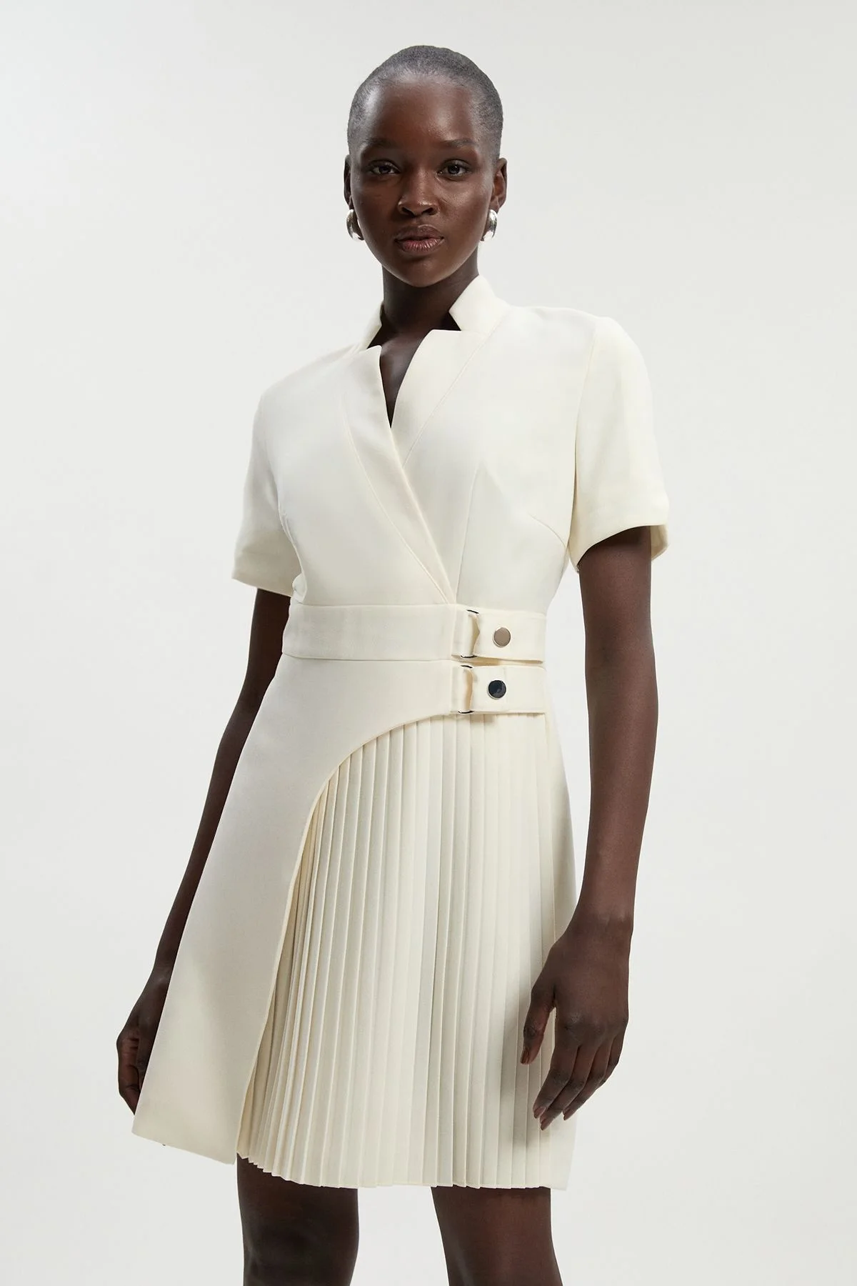 Forever Tailored Crepe Military Pleat Notch Neck Wrap Mini Dress - 1