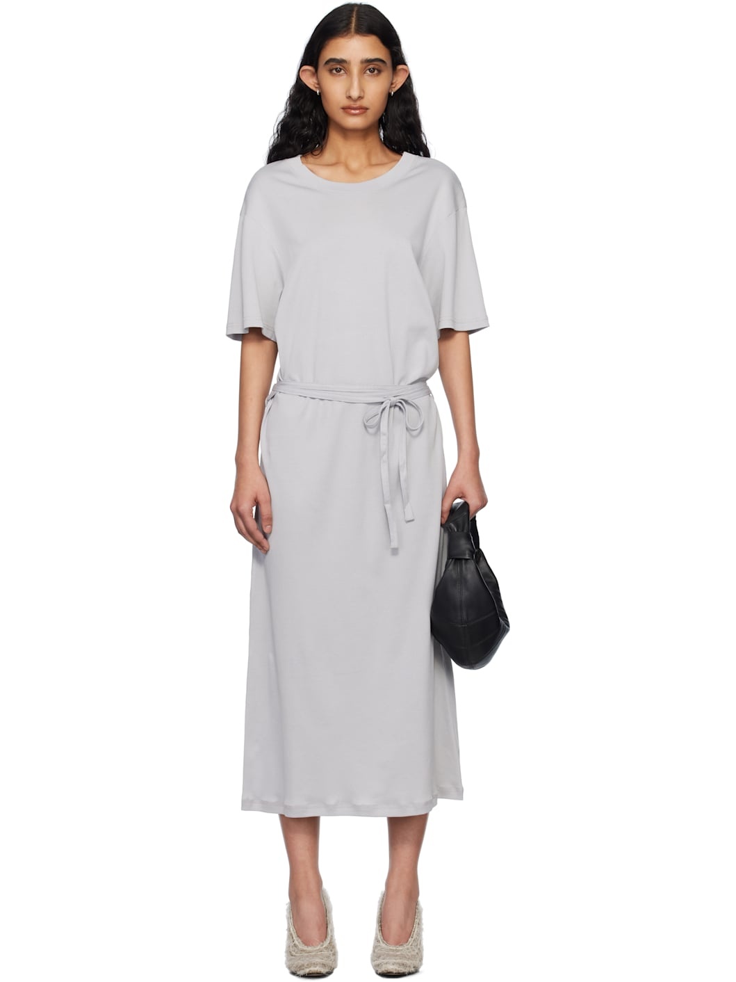 Gray Belted Rib T-shirt Midi Dress - 1