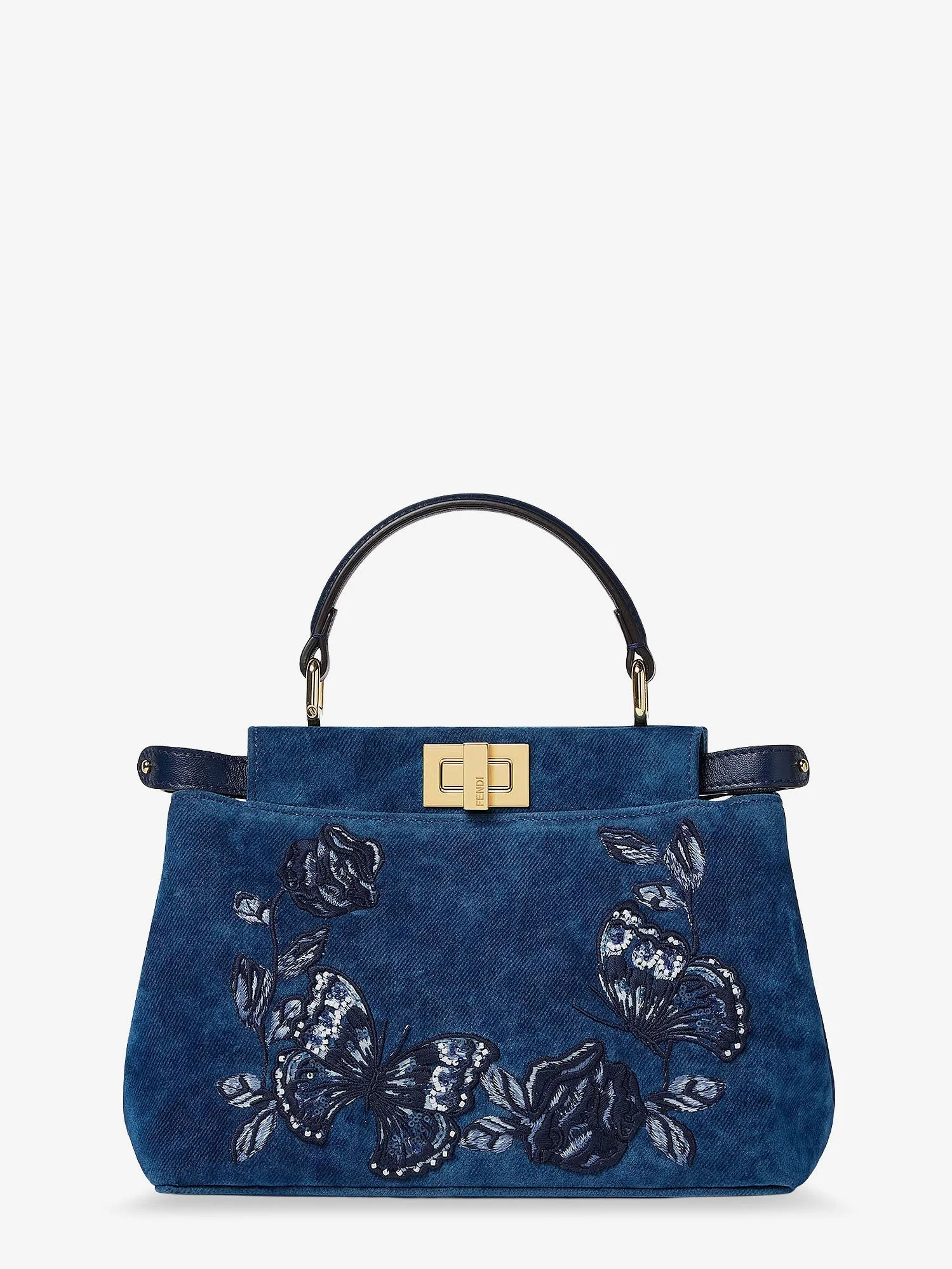 Fendi Peekaboo Mini Denim Crossbody Bag With Night Butterfly Embroidery - 1