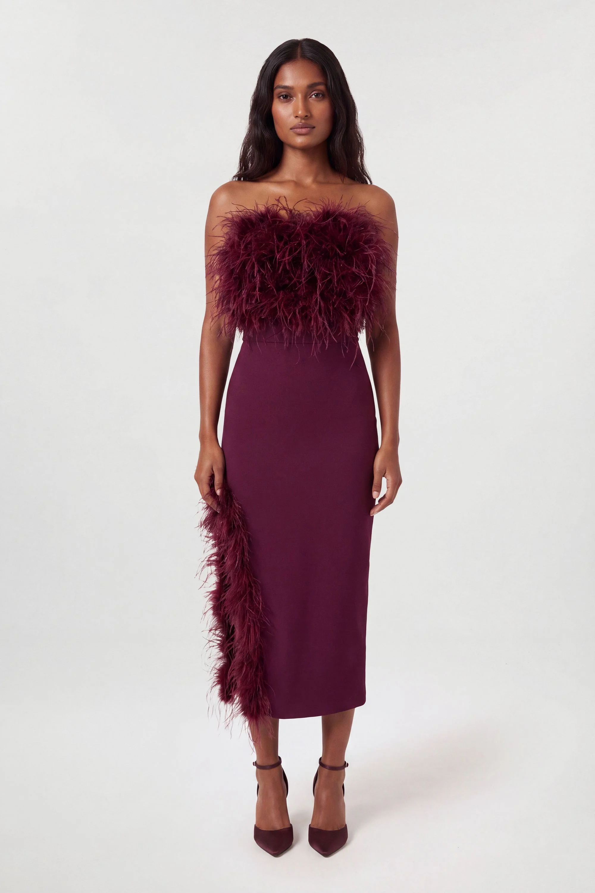 Figure Form Bandage Feather Detail Bandeau Knit Midi Dress - 1