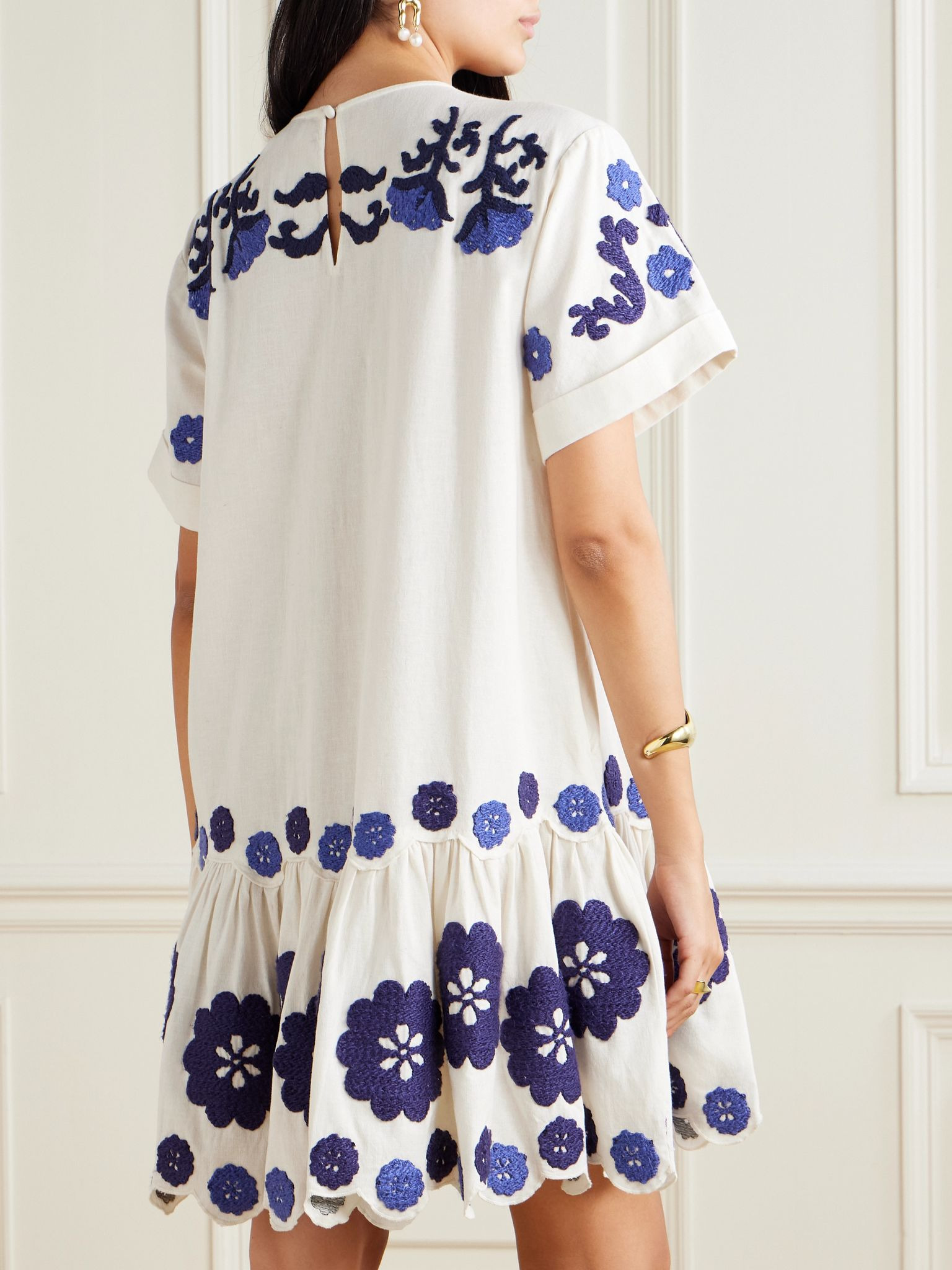 Catrine embroidered cotton and linen-blend mini dress White - 3
