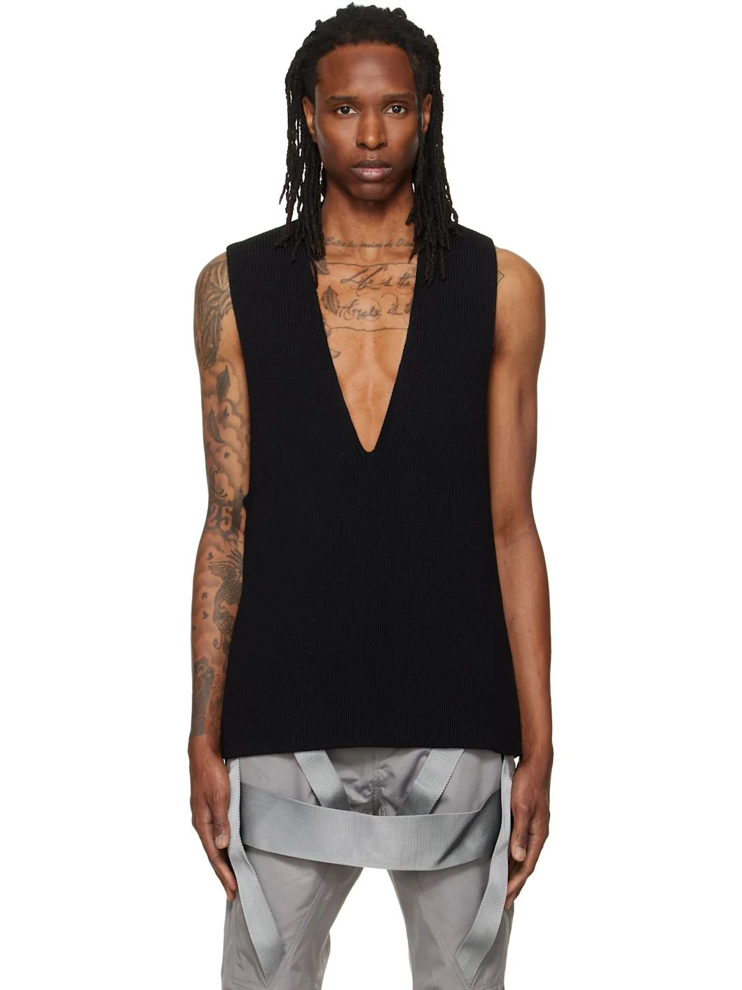 Black Tower Knit V Tank Top - 1