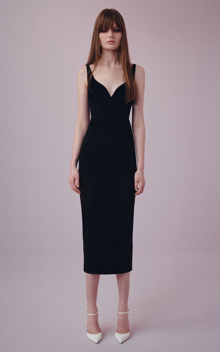knee length dresses for ladies THE MYSTYLEMODE BLACK SUEDE SPAGHETTI DOUBLE LINED ZIPPER BACK MIDI DR main image 1