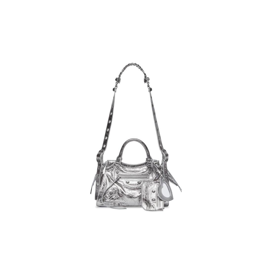 Balenciaga Women's Hourglass Xs Handbag Metallized Crocodile Embossed with Rhinestones - Silver
