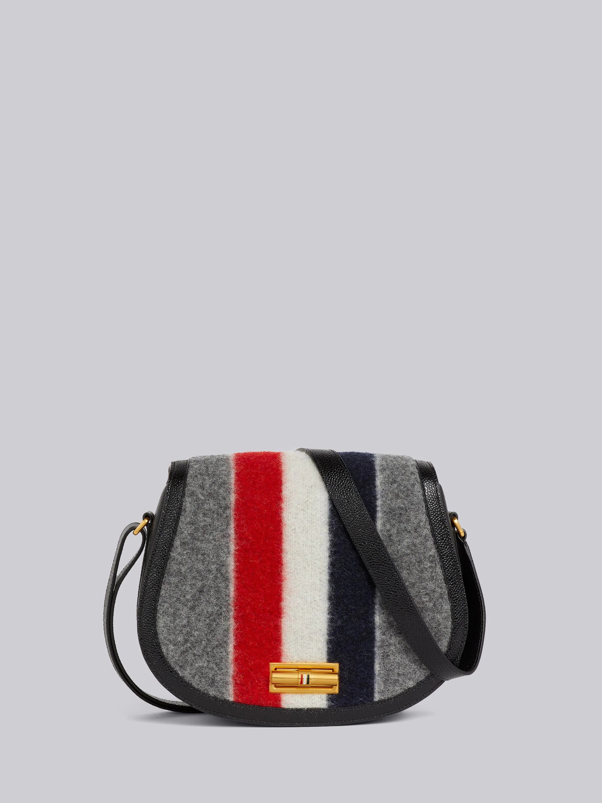 Medium Grey Boiled Wool Leather Frame Stripe Enamel Lock Shoulder Bag - 1