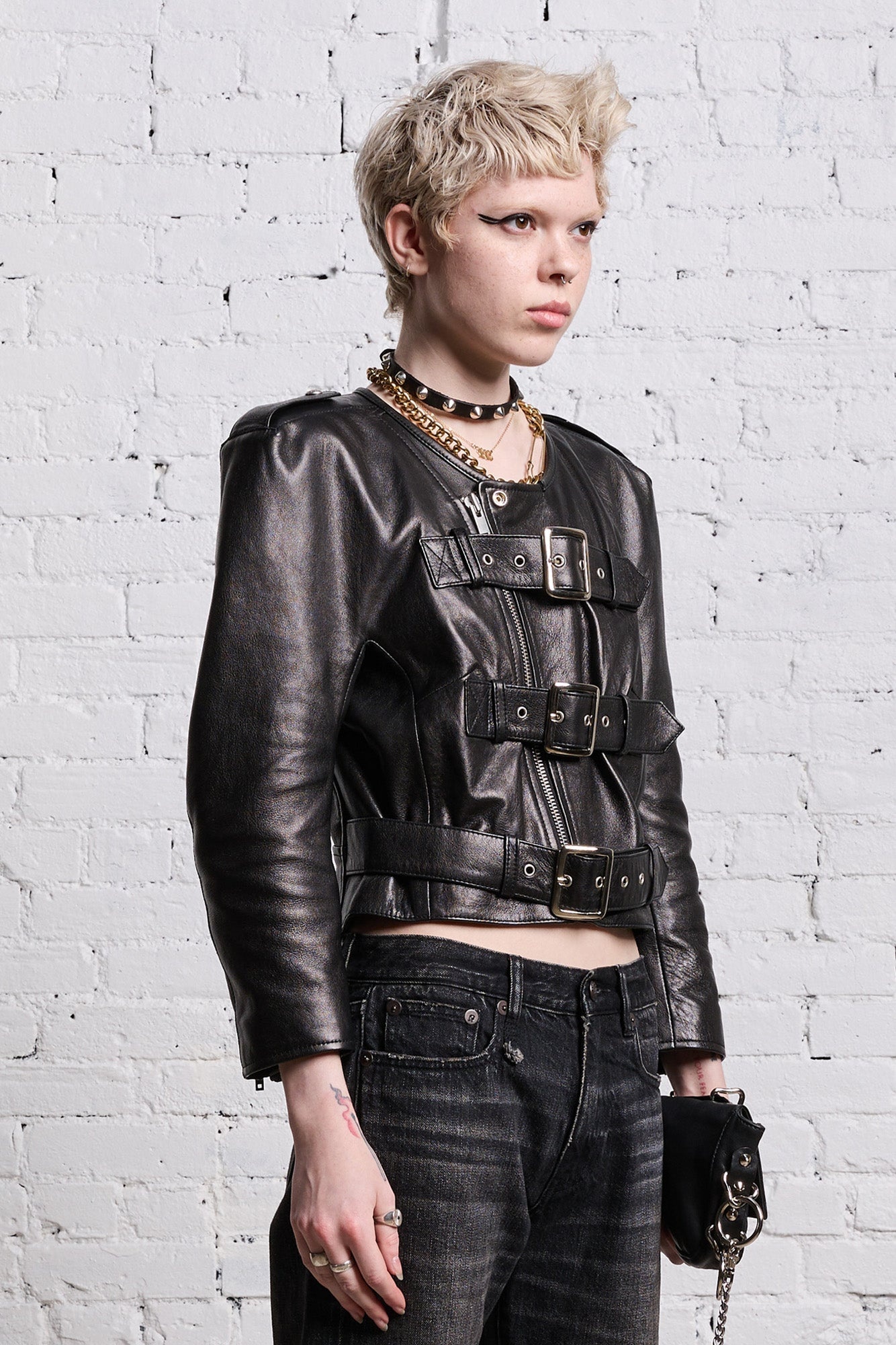 BELTED MOTORCYCLE JACKET - BLACK - 5