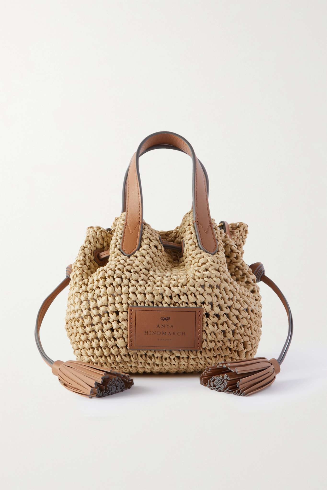 Small leather-trimmed woven raffia tote - 1