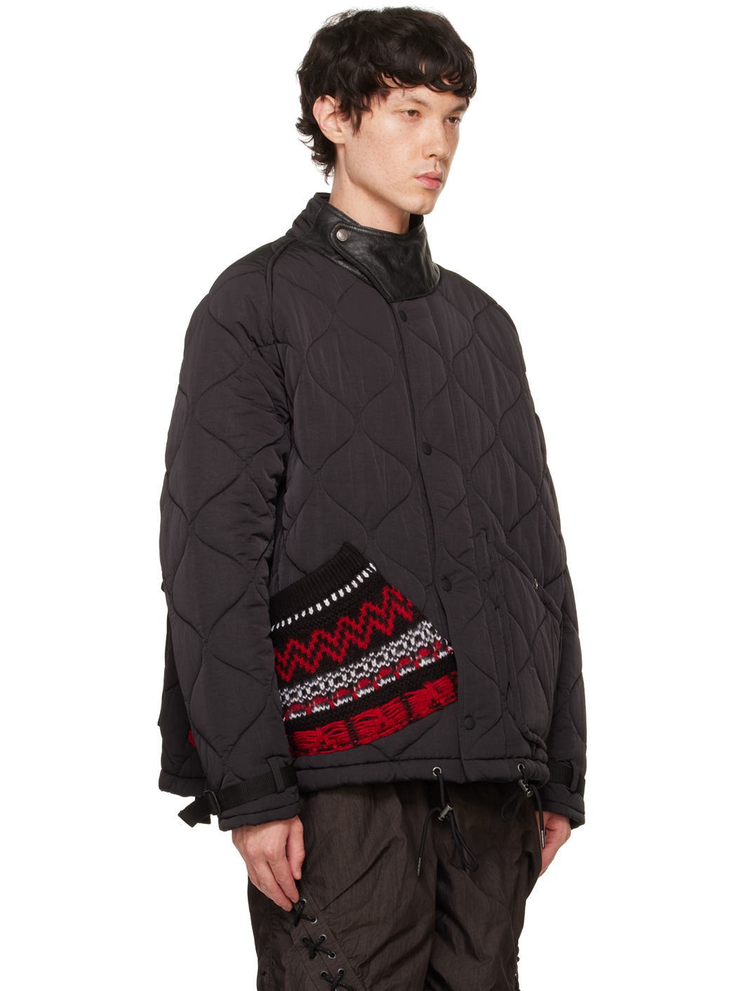 Black Nordic Knitted Pocket Quilted Jacket - 2