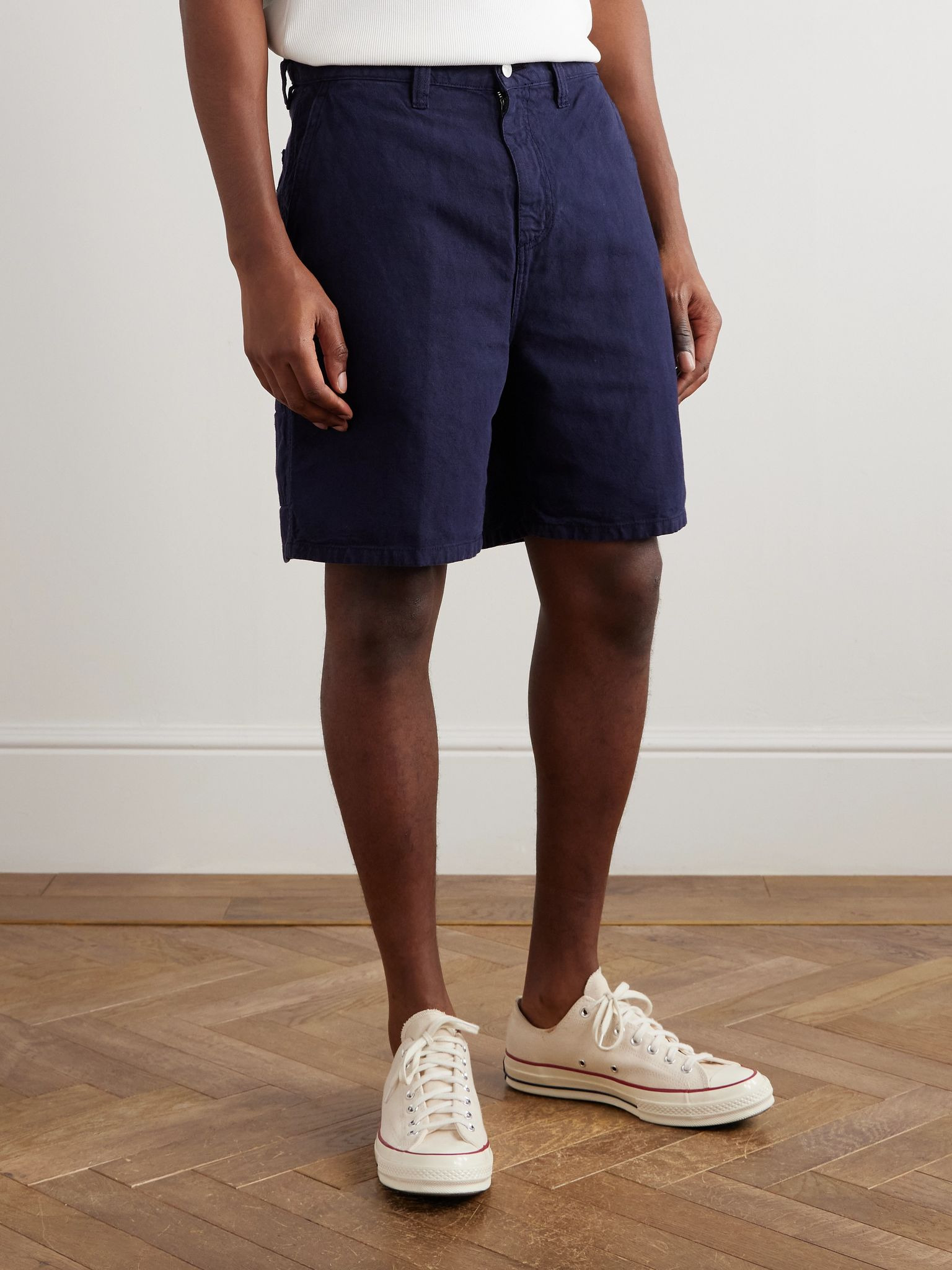 Walter Single Knee Wide-Leg Cotton and Linen-Blend Canvas Shorts Navy - 3