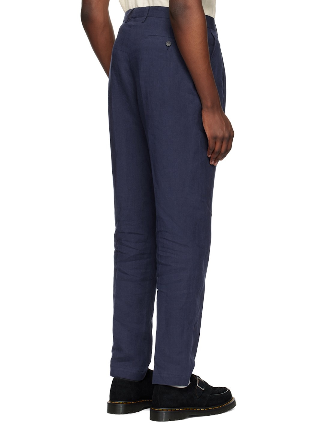 Navy Pleated Linen Trousers - 3