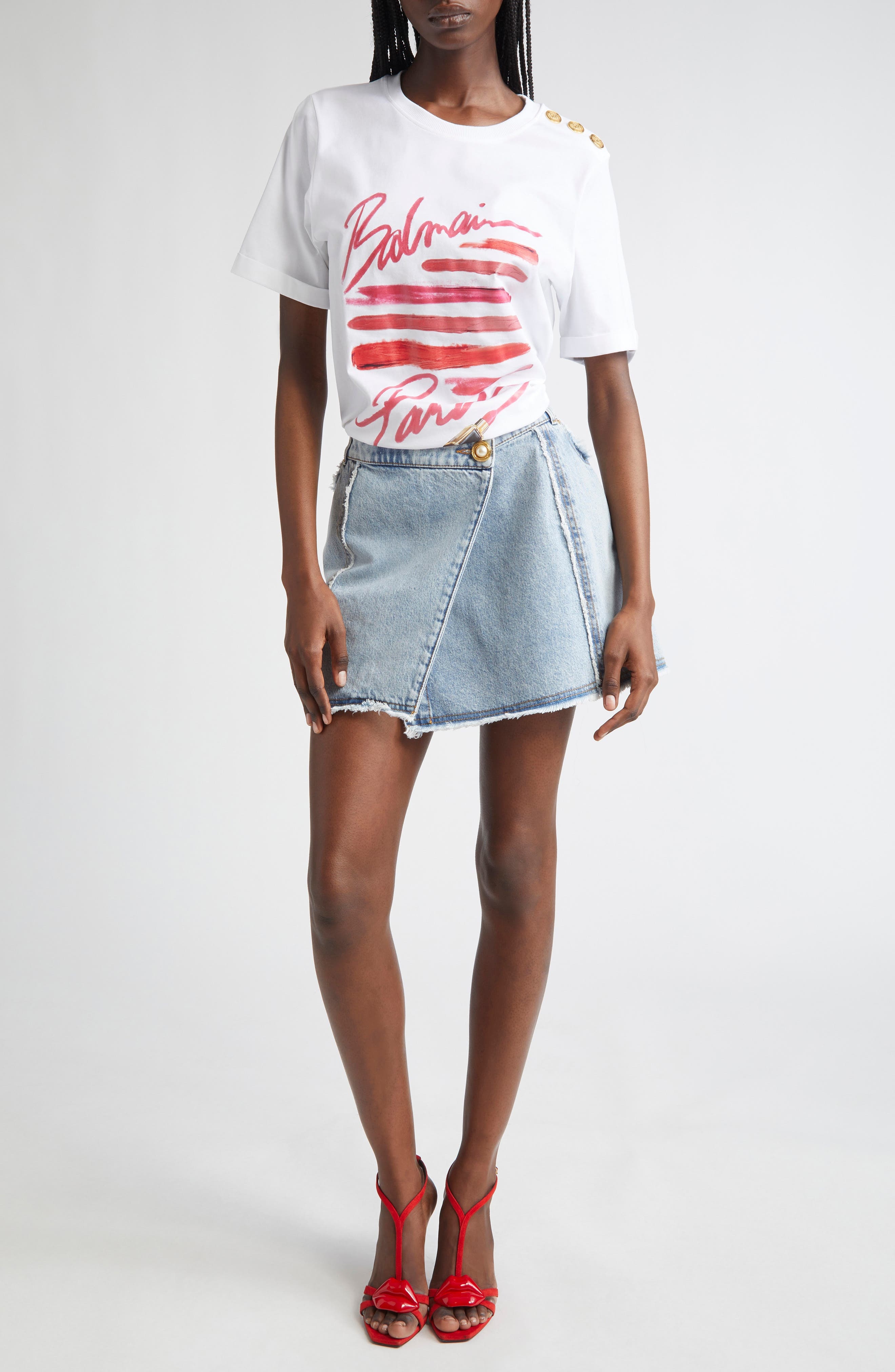 Balmain Asymmetric Raw Hem Denim Miniskirt in Light Blue at Nordstrom - 2