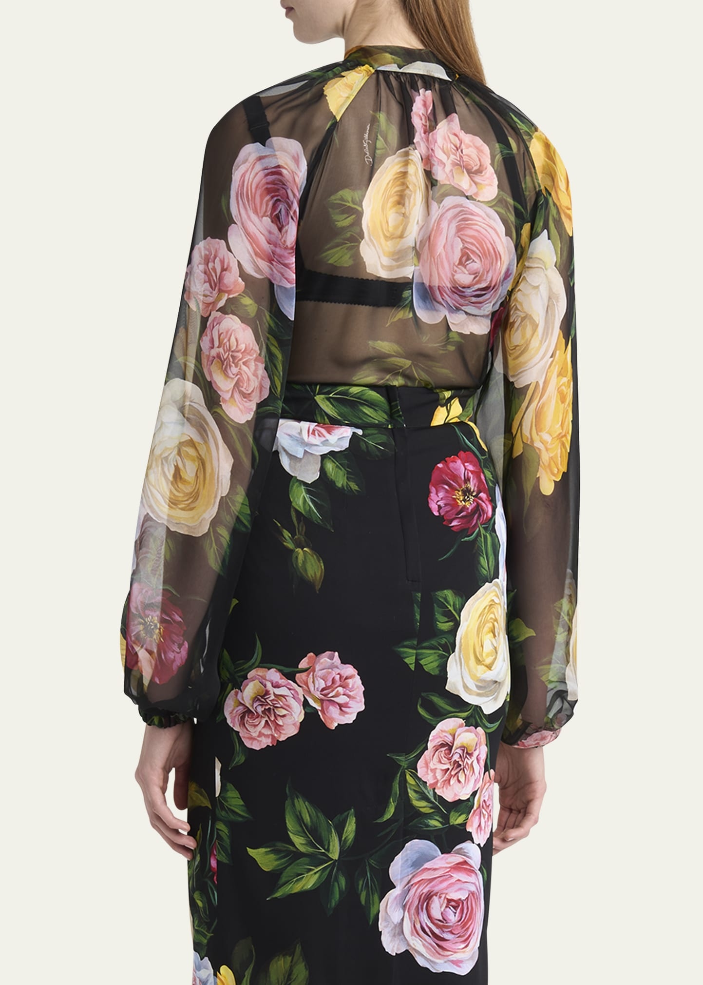 Rose Tie-Neck Chiffon Cropped Blouse - 3