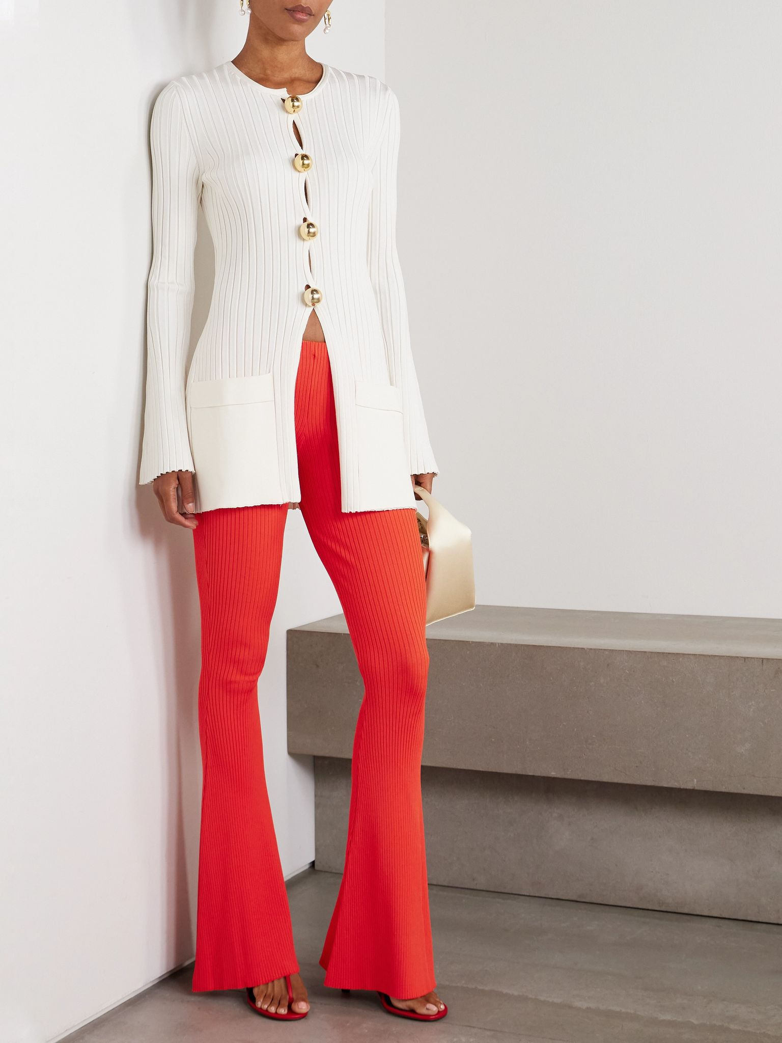 Recycled ribbed-knit flared pants Red - 2