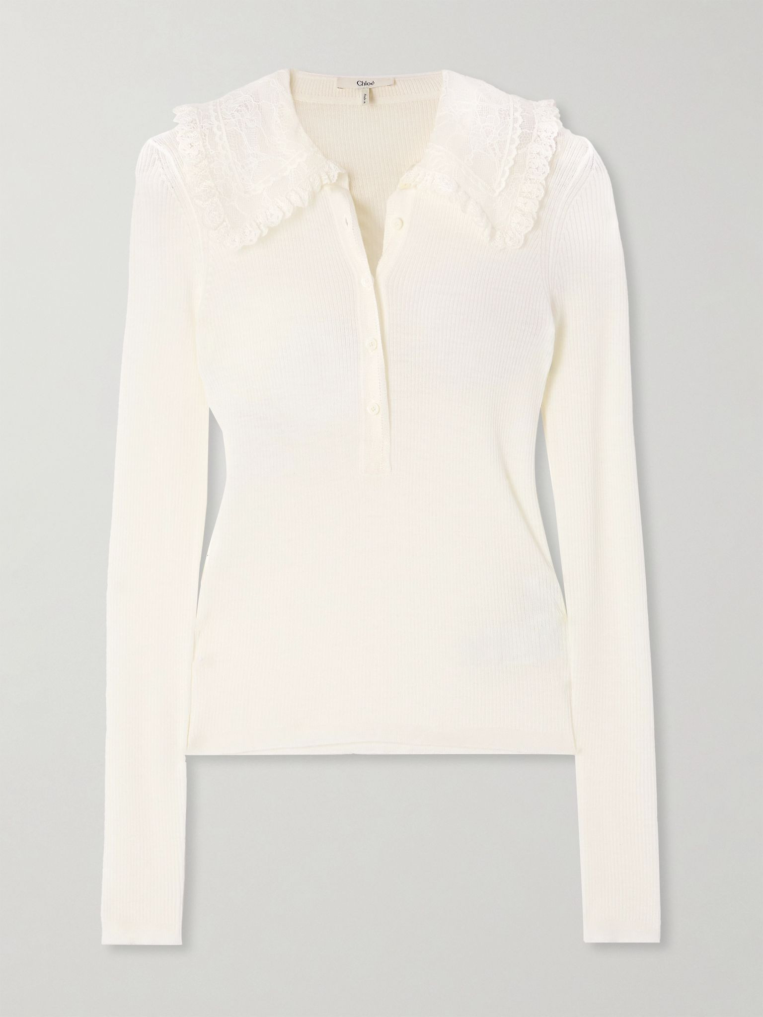 Lace-trimmed ribbed wool polo shirt White - 1