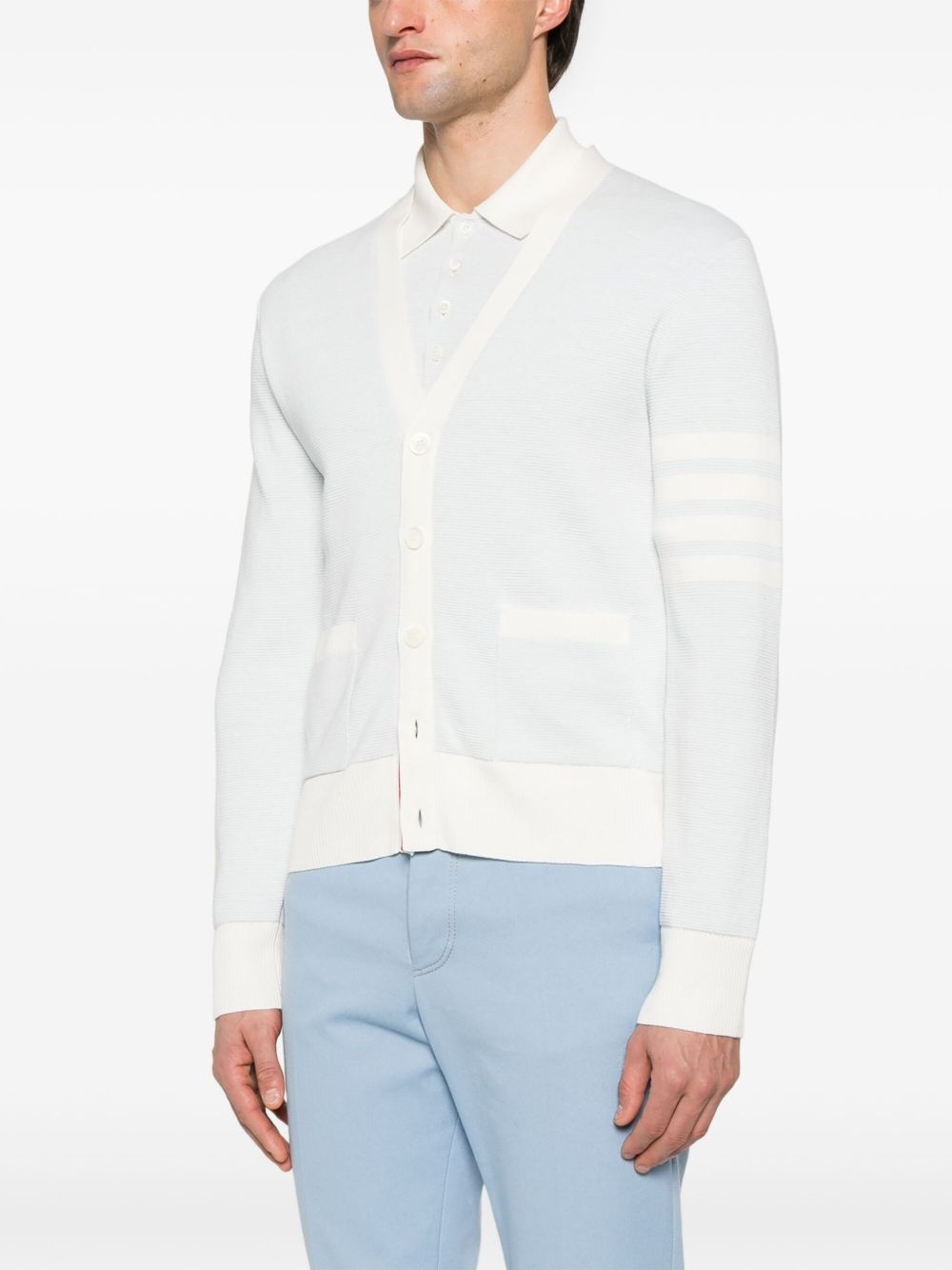 THOM BROWNE - Men Textured Striped Stitch Relaxed Fit V Neck Cardigan - 3