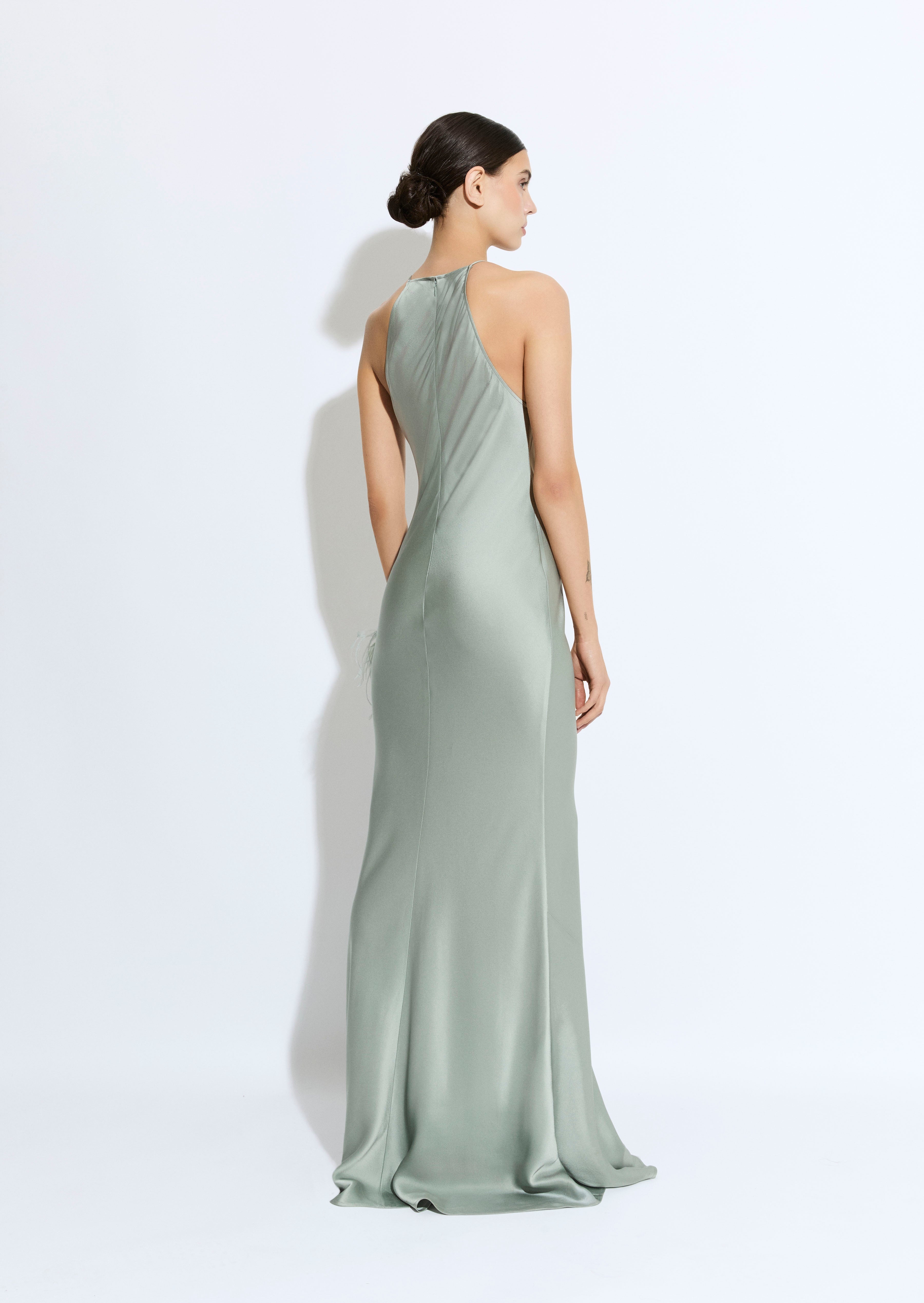 Satin Halter Gown With Feathers - 3