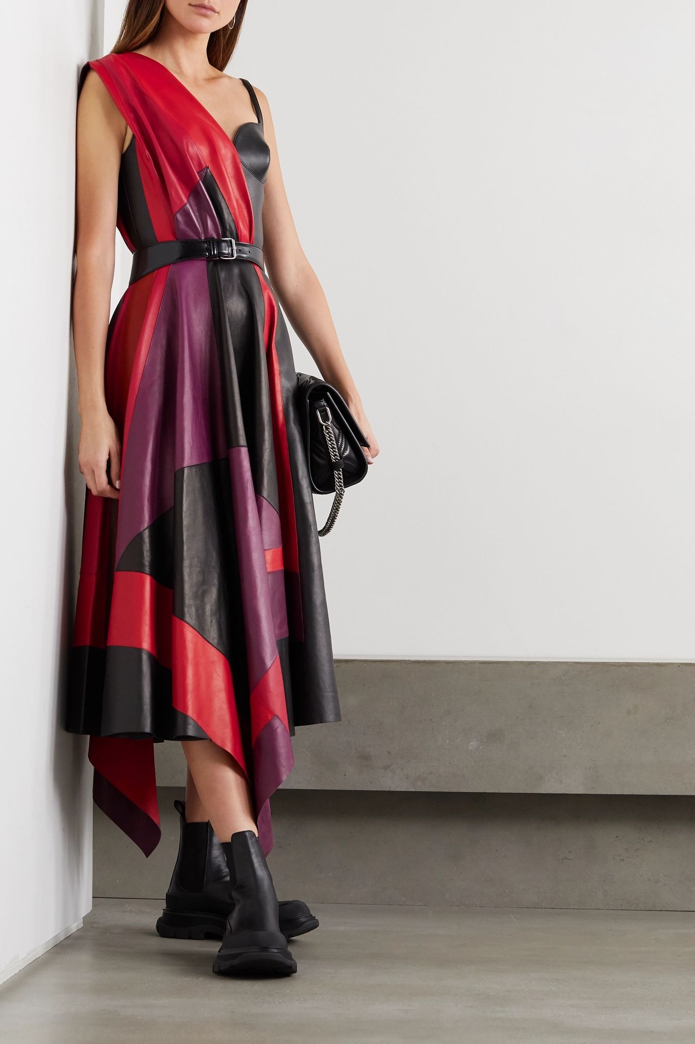 Asymmetric color-block leather dress - 2