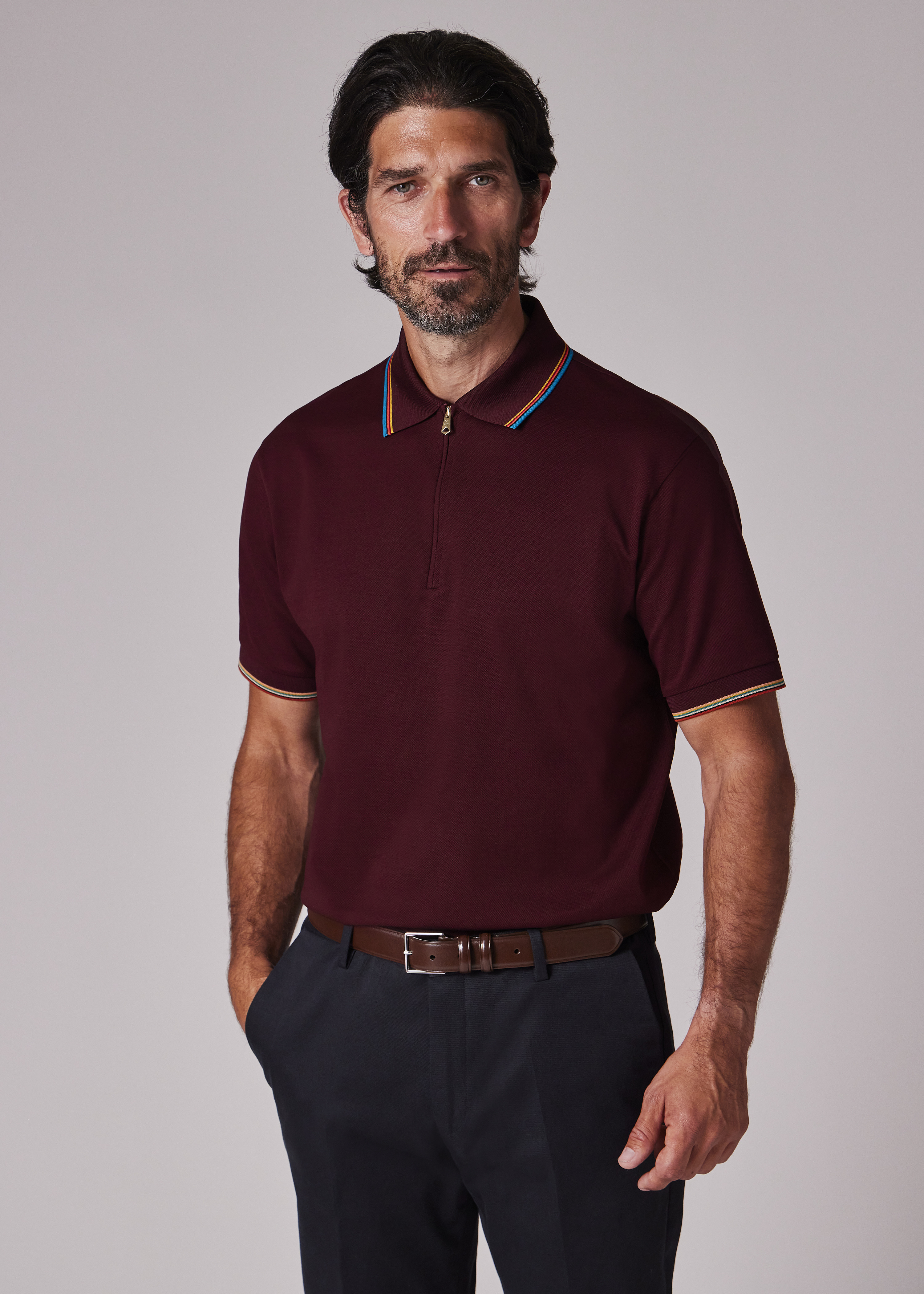 Burgundy Cotton 'Signature Stripe' Trim Zip Polo Shirt - 4