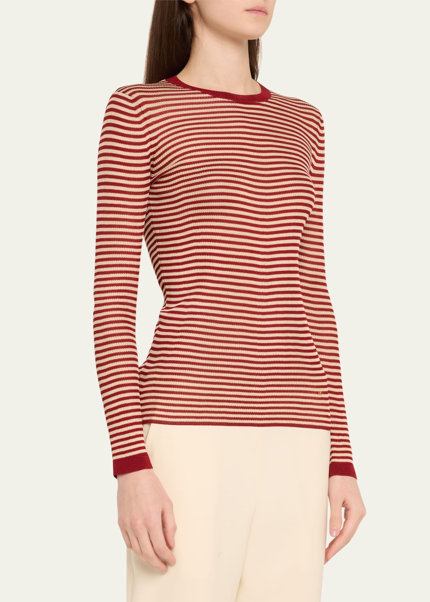 Striped Silk Knit Long-Sleeve Sweater - 4
