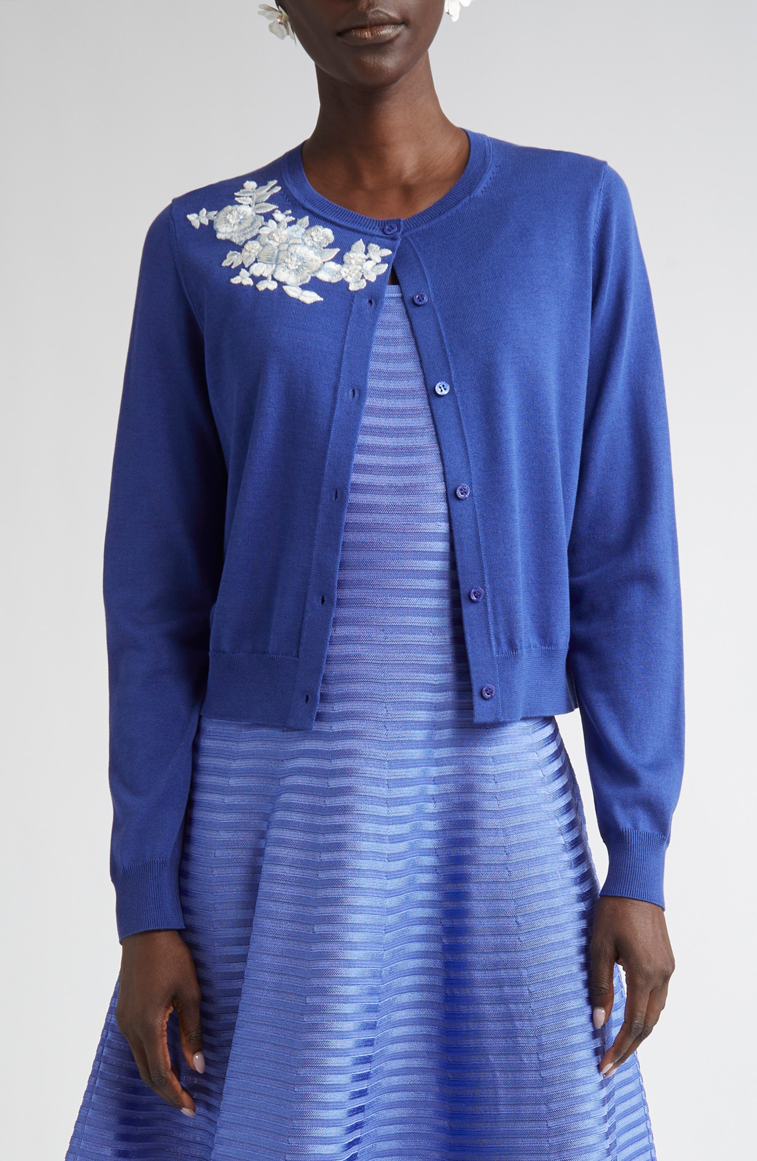 Carolina Herrera Floral Embroidered Silk & Cotton Cardigan in Nautilus Multi at Nordstrom - 1