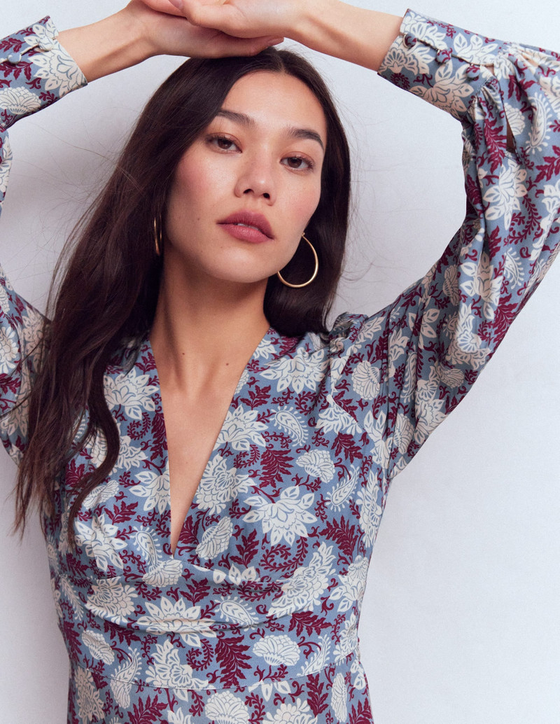 V-neck Blouson Sleeve Dress-Multi Blooming Flora 3