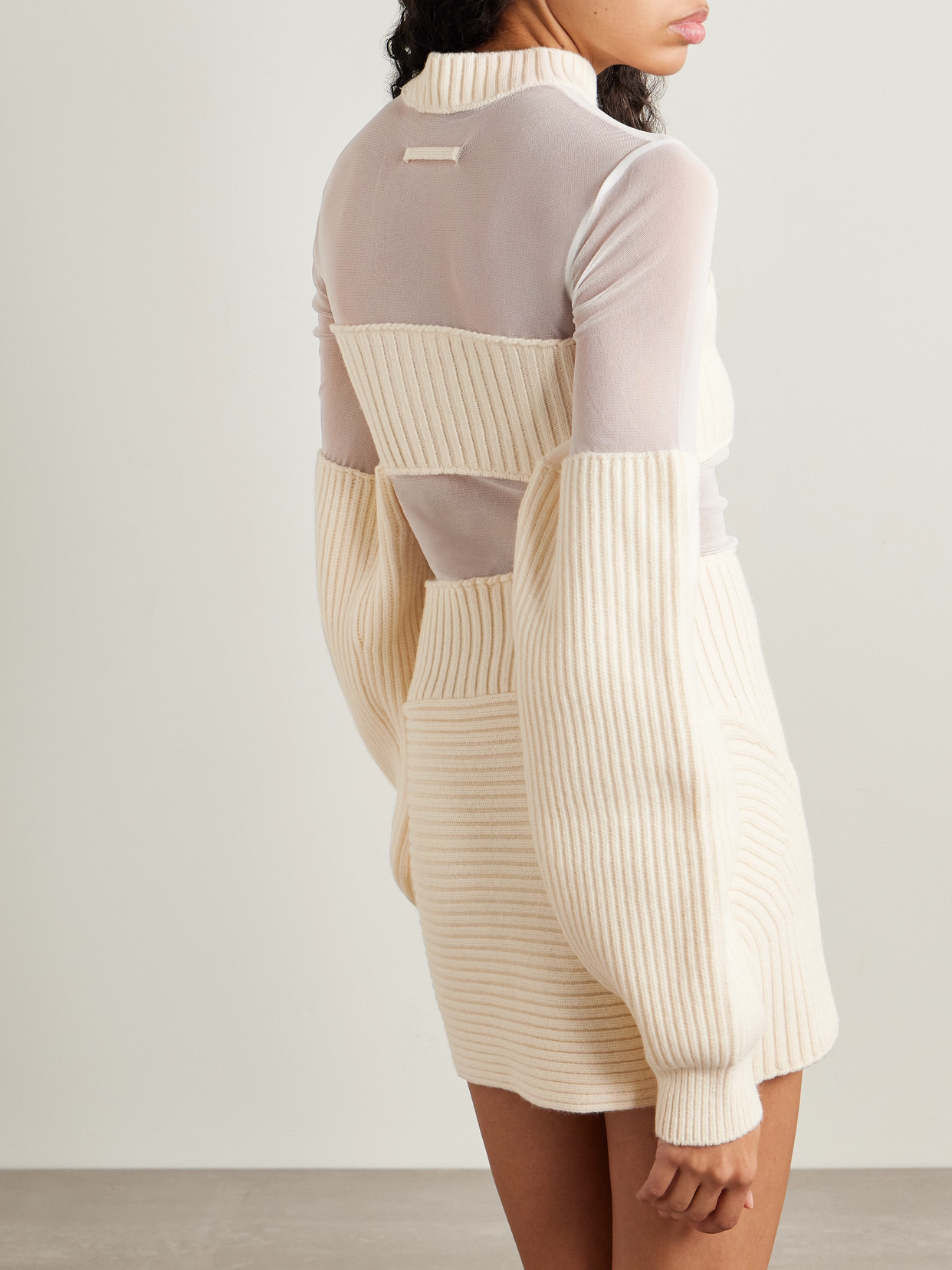 Paneled Ribbed Wool And Mesh Mini Dress - 3