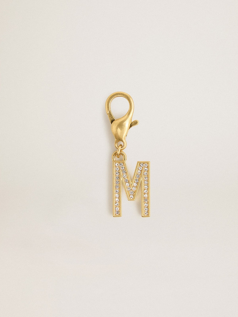 Letter M charm in gold-colored brass with crystals 1