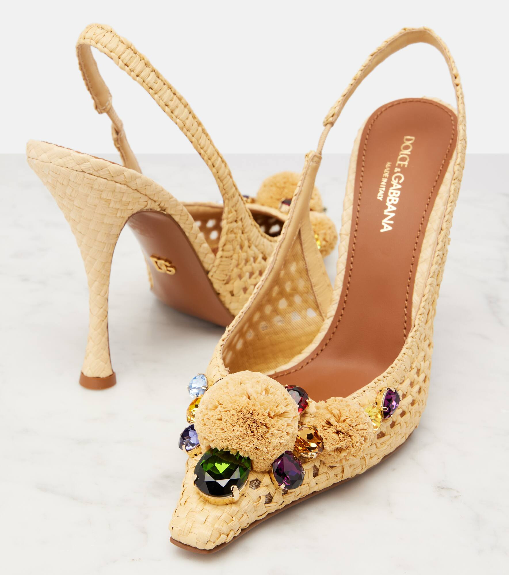 Embellished raffia-effect slingback pumps - 5