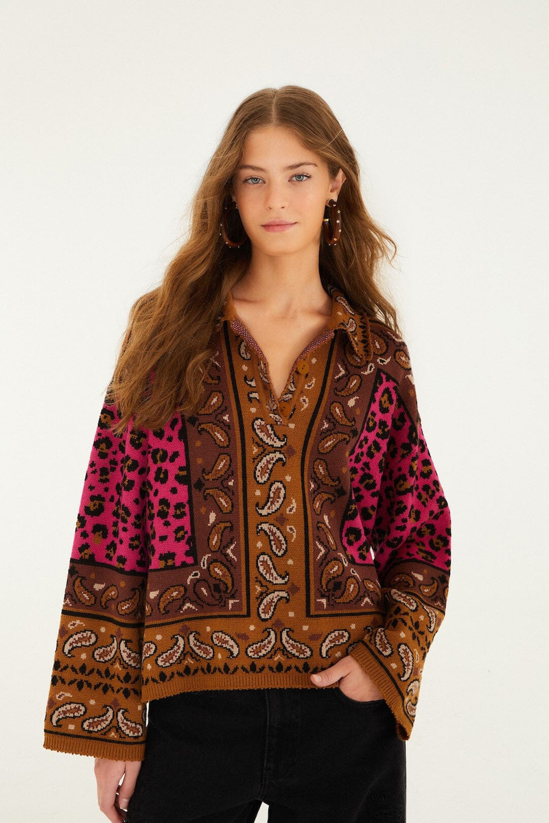 Brown Leopard Scarf Polo Knit Sweater 1