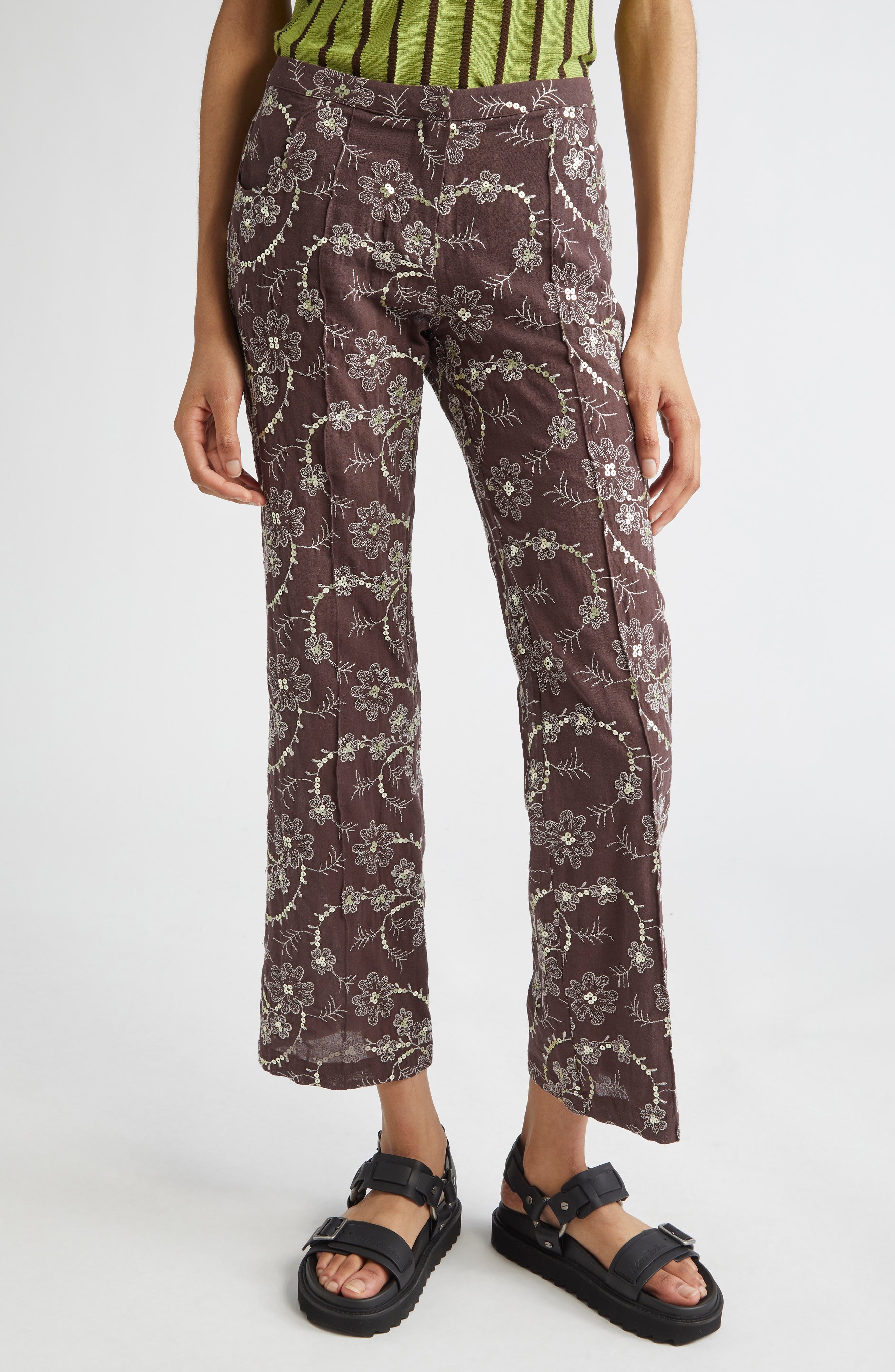 Siedrés Cera Floral Sequin Straight Leg Pants in Brown at Nordstrom - 1